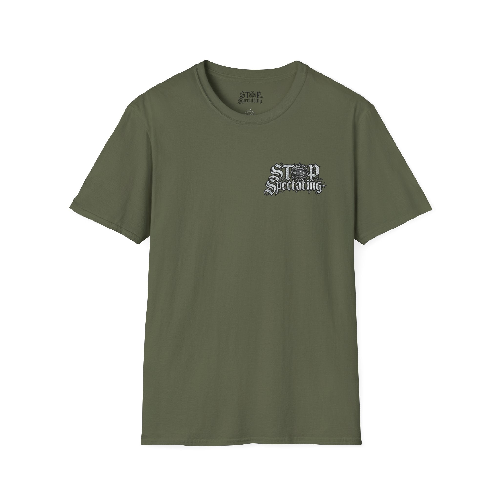 Stop Spectating Left Chest/Back Logo Tee - 100% Cotton/Light Colors
