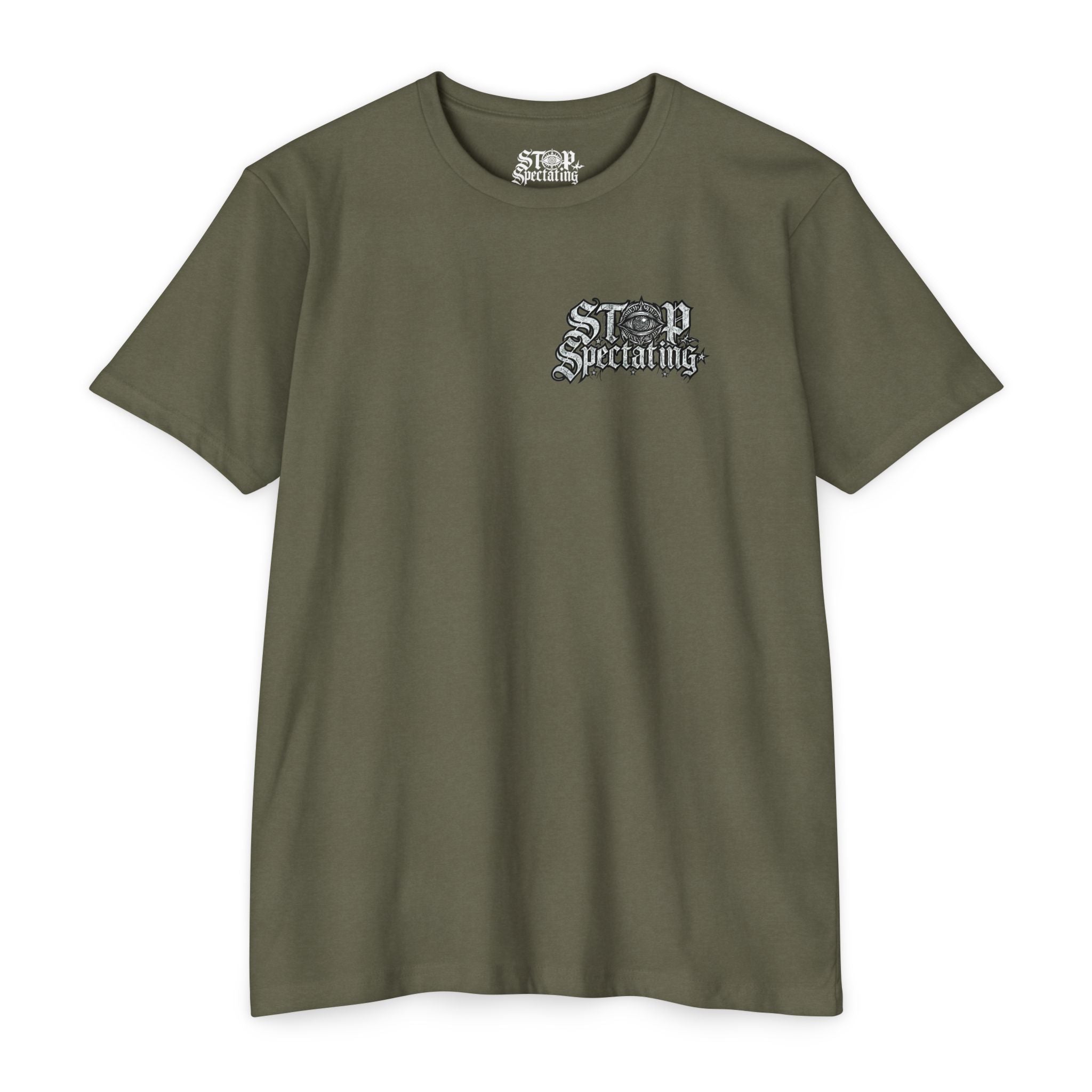 Stop Spectating Left chest/Back Logo Tee - 60/40 Blend/Dark Colors