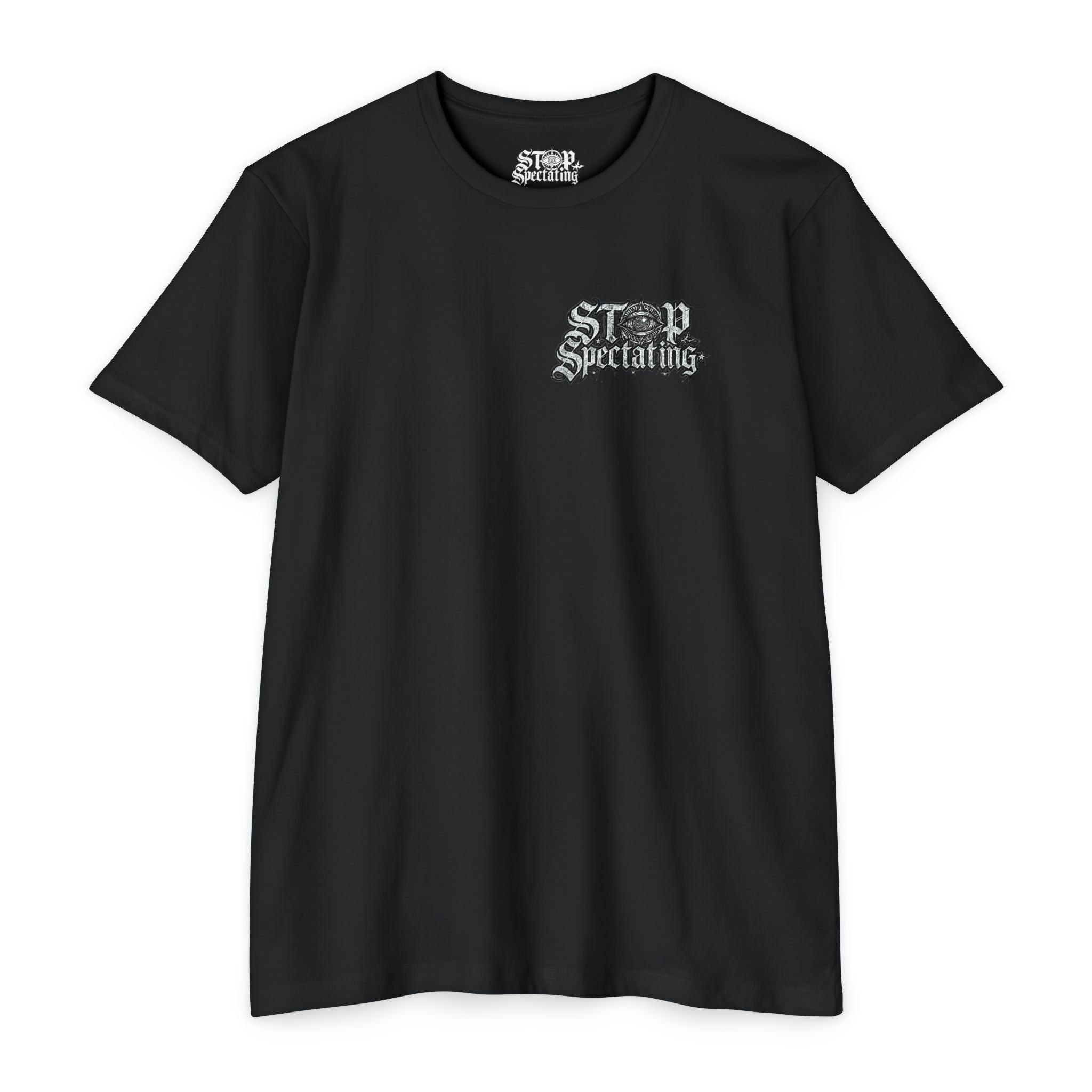 Stop Spectating Left chest/Back Logo Tee - 60/40 Blend/Dark Colors