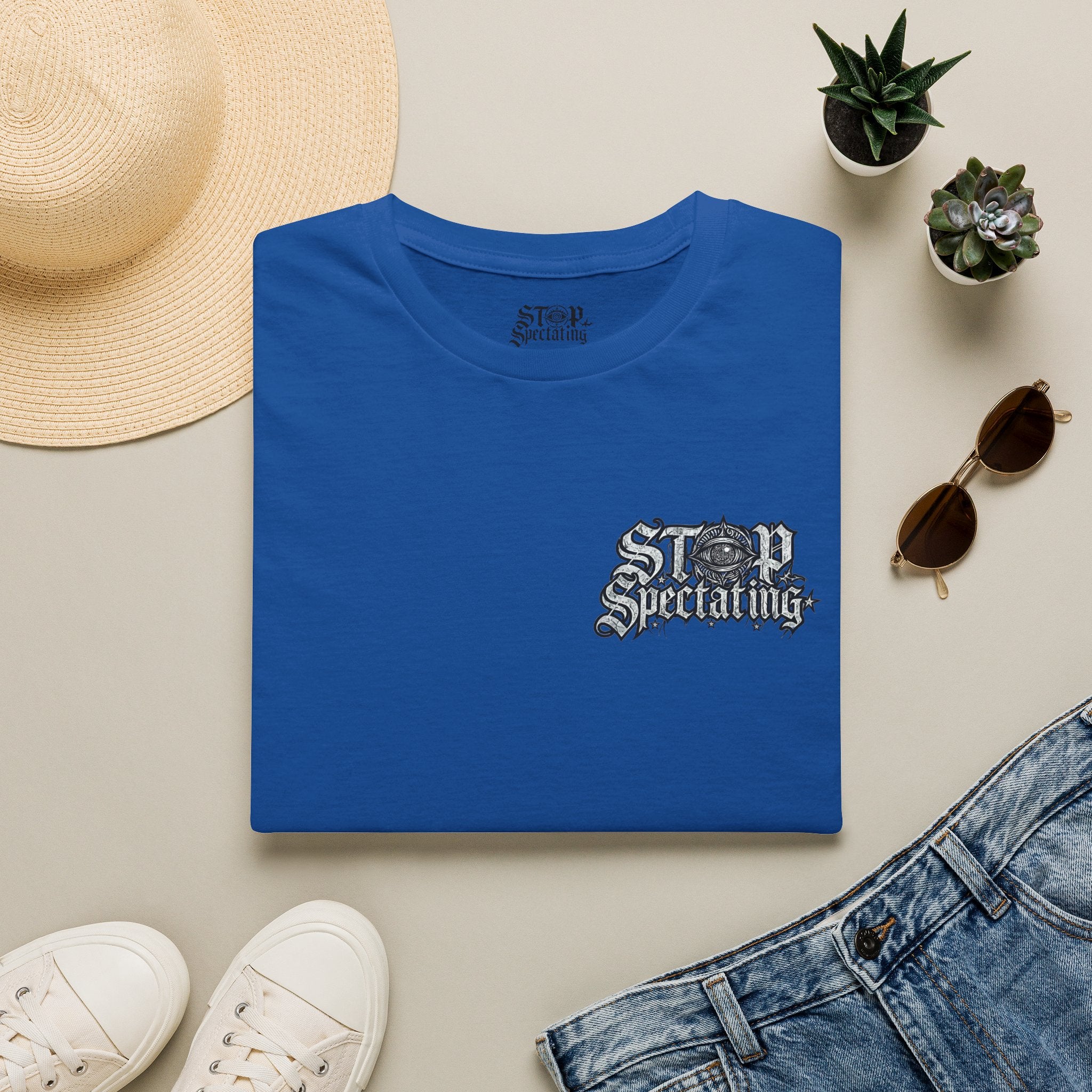 Stop Spectating Left Chest/Back Logo Tee - 100% Cotton/Light Colors