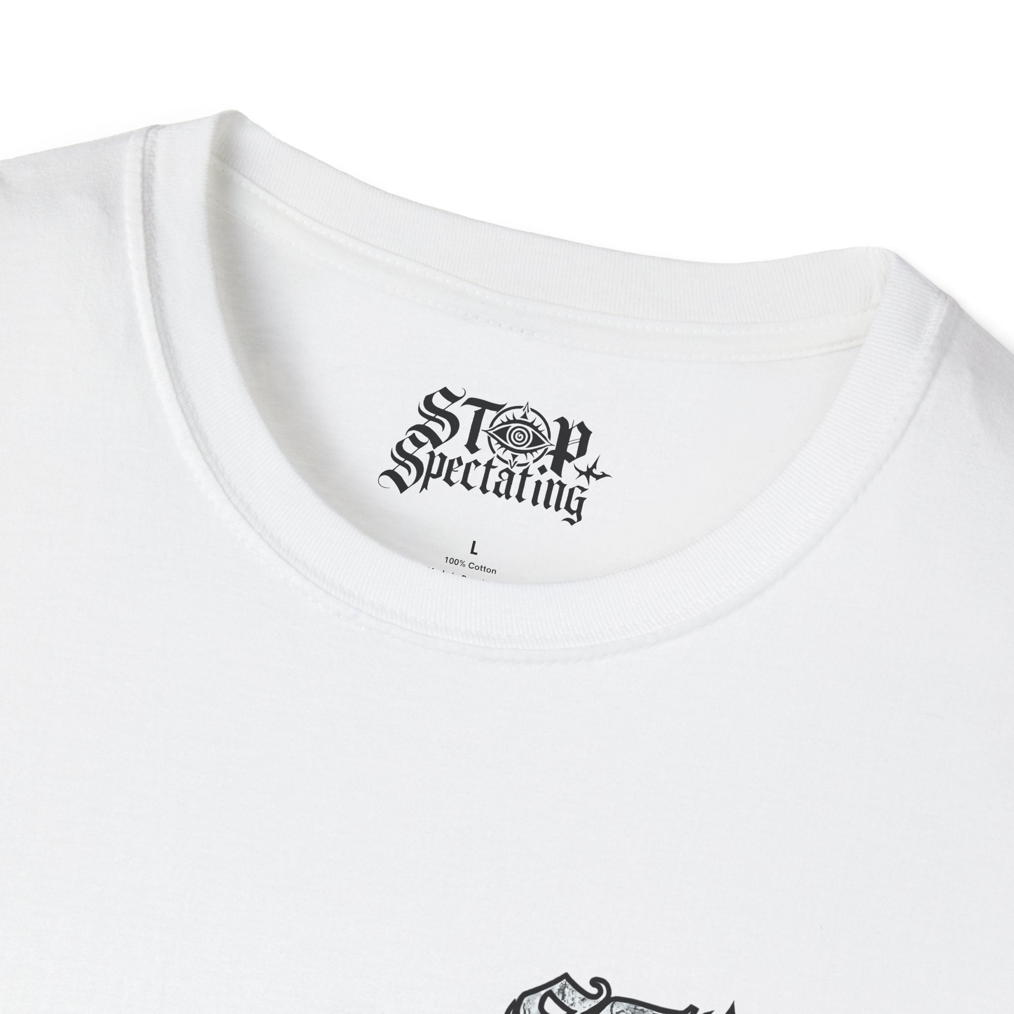 Stop Spectating Left Chest/Back Logo Tee - 100% Cotton/Light Colors