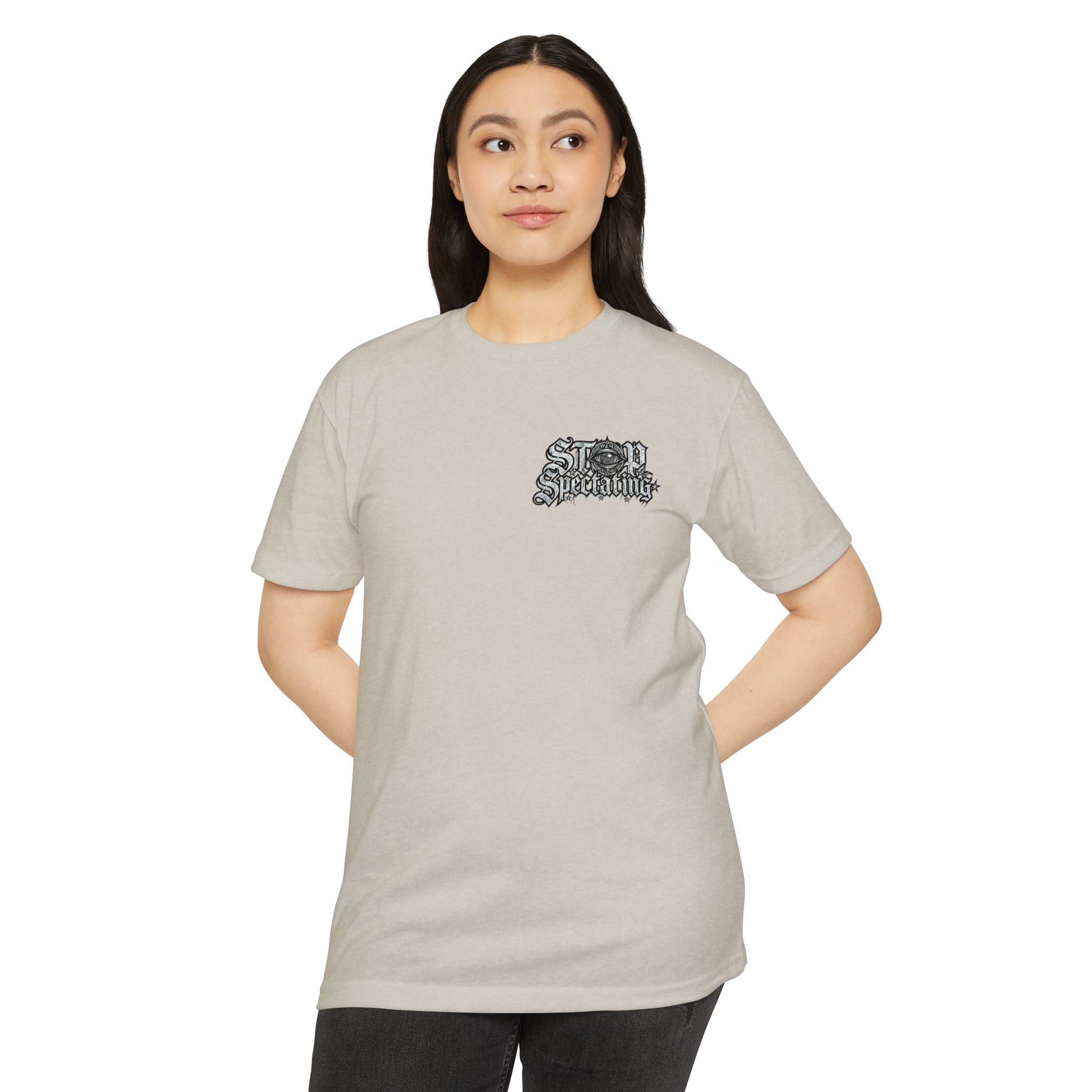 Stop Spectating Left chest/Back Logo Tee - 60/40 Blend/Light Colors