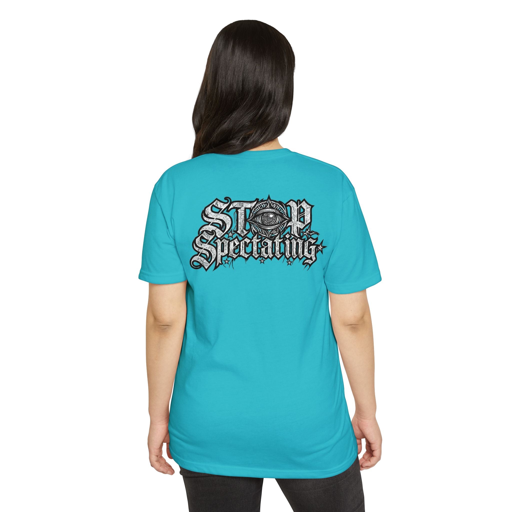 Stop Spectating Left chest/Back Logo Tee - 60/40 Blend/Light Colors