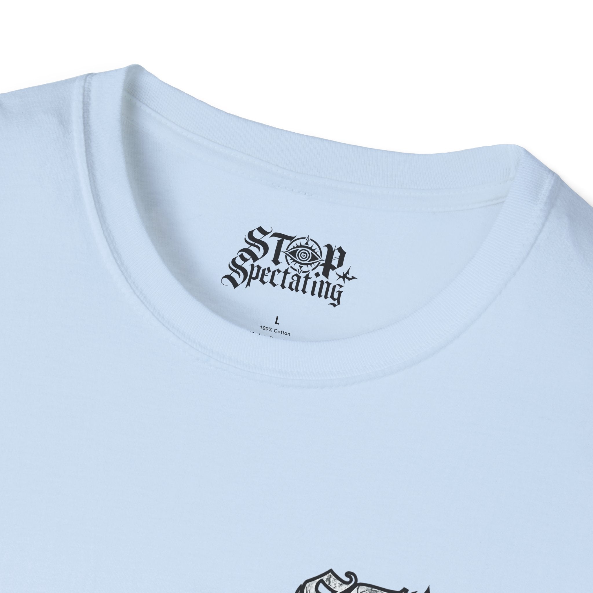 Stop Spectating Left Chest/Back Logo Tee - 100% Cotton/Light Colors