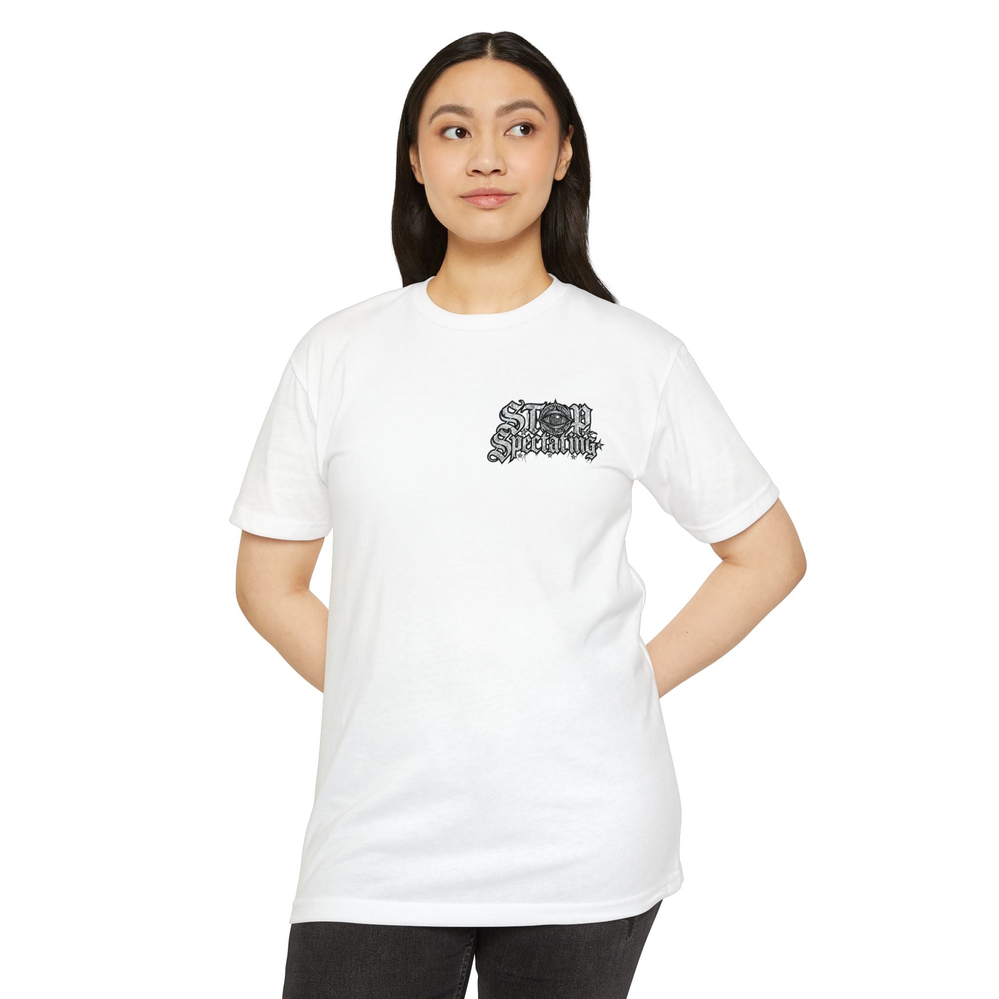 Stop Spectating Left chest/Back Logo Tee - 60/40 Blend/Light Colors