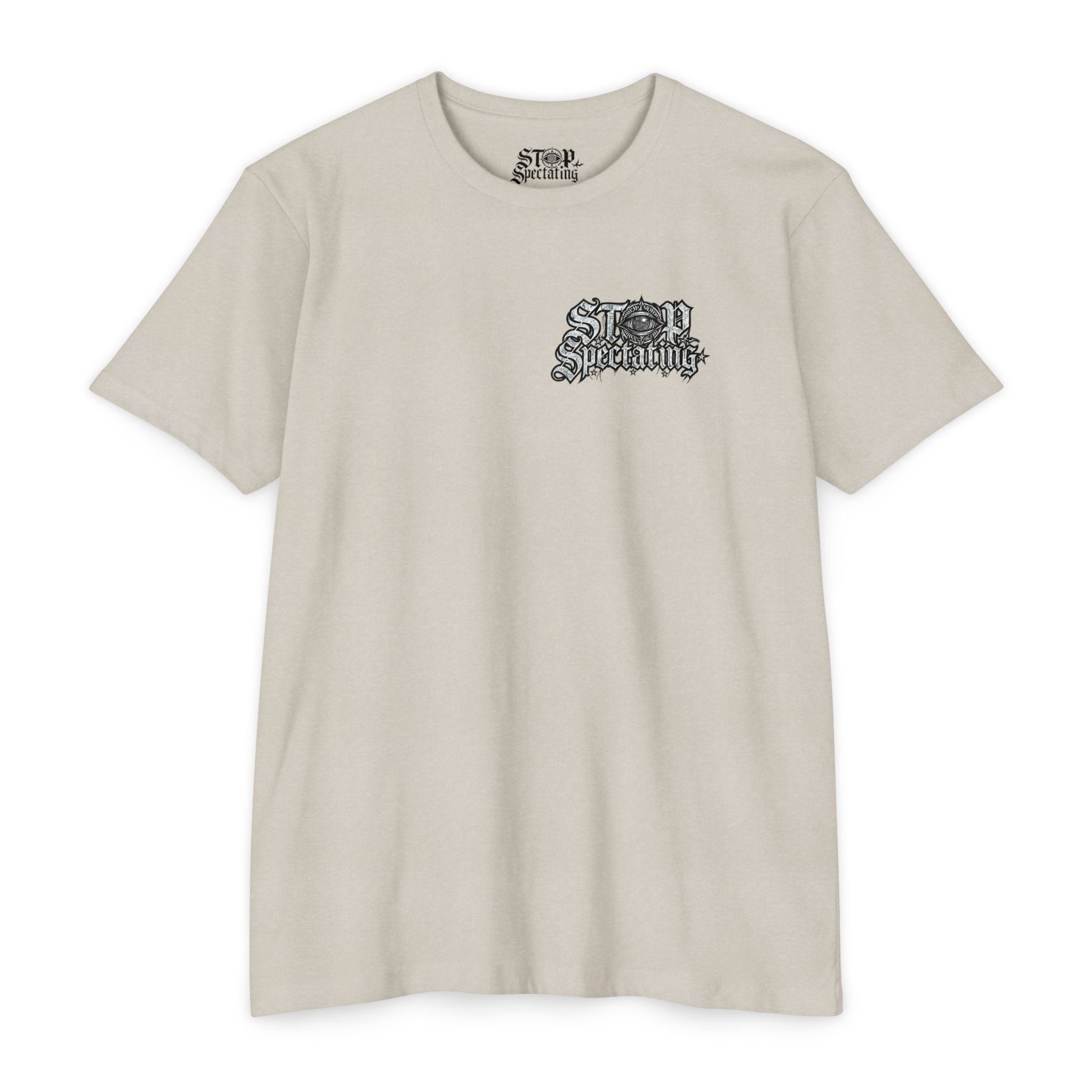 Stop Spectating Left chest/Back Logo Tee - 60/40 Blend/Light Colors