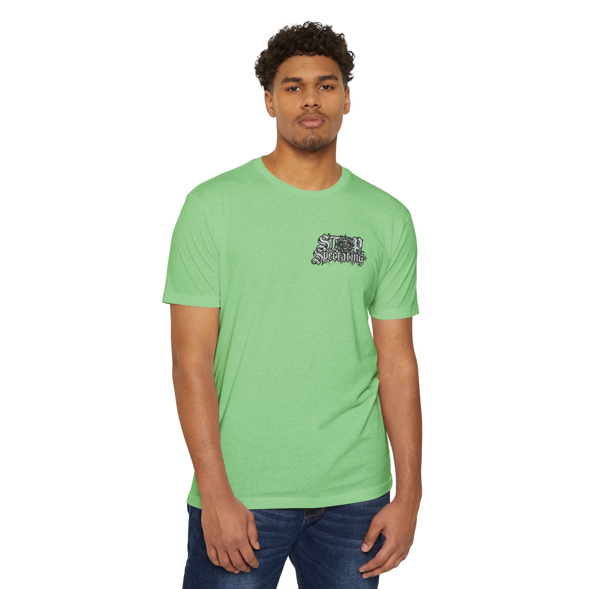 Stop Spectating Left chest/Back Logo Tee - 60/40 Blend/Light Colors