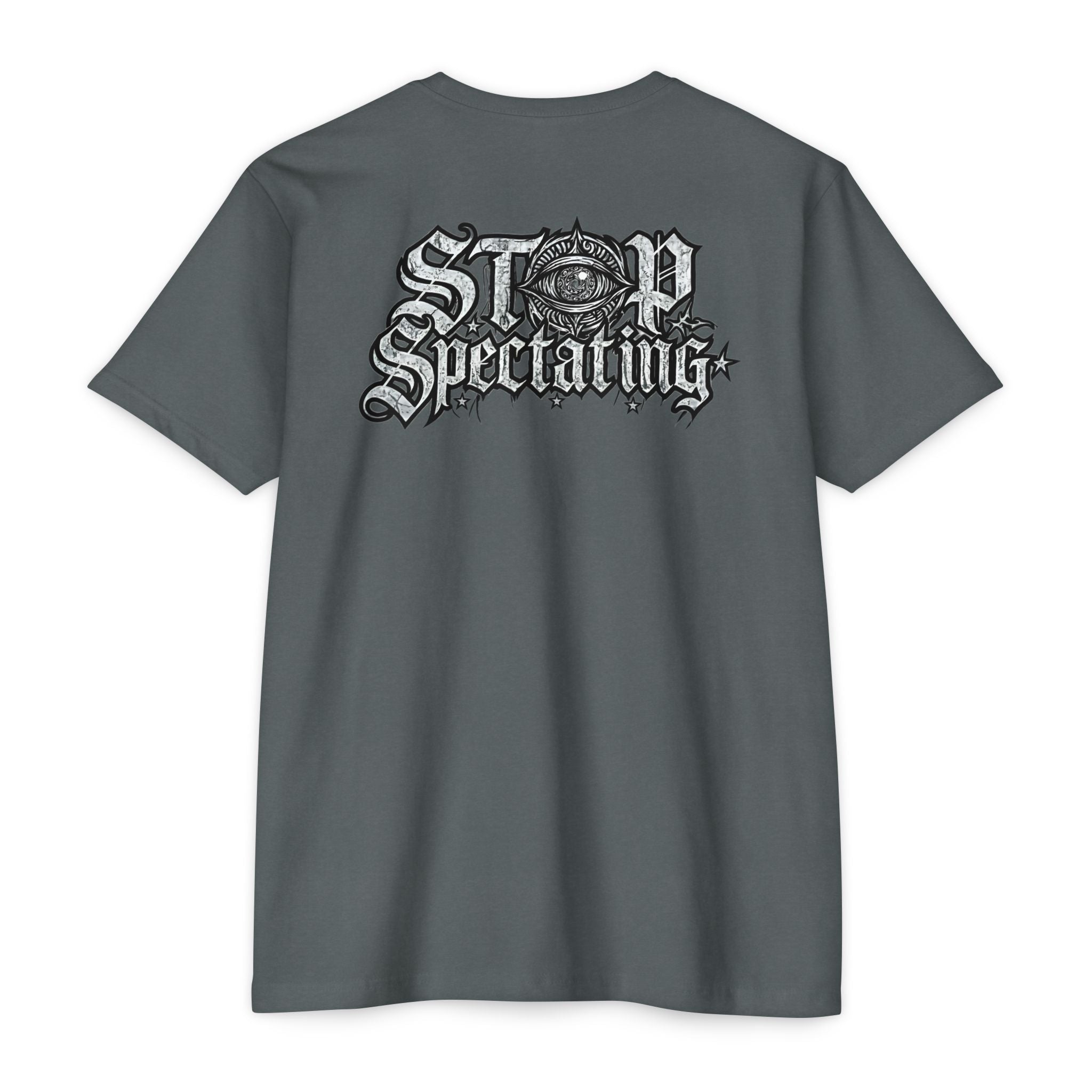 Stop Spectating Left chest/Back Logo Tee - 60/40 Blend/Dark Colors