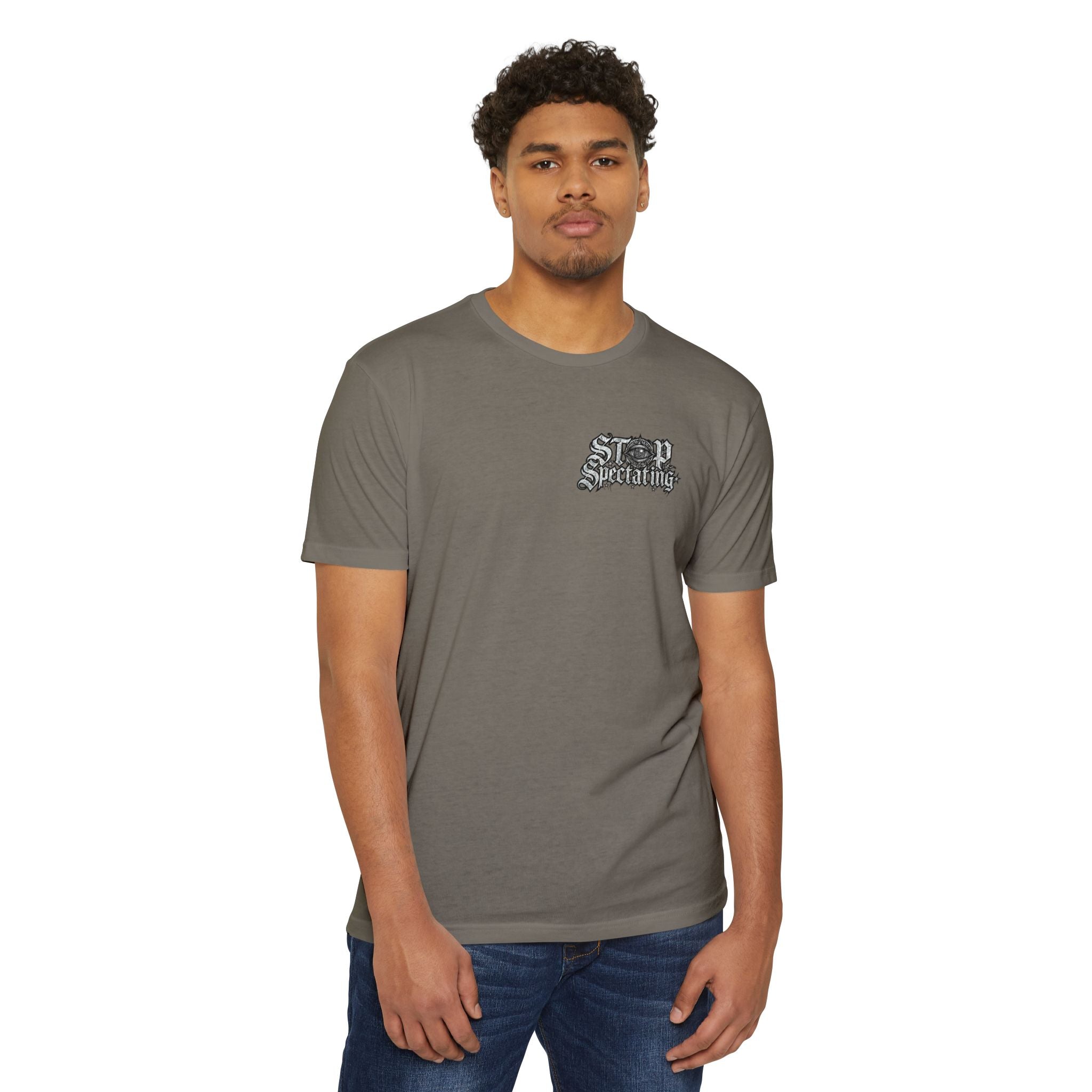 Stop Spectating Left chest/Back Logo Tee - 60/40 Blend/Light Colors