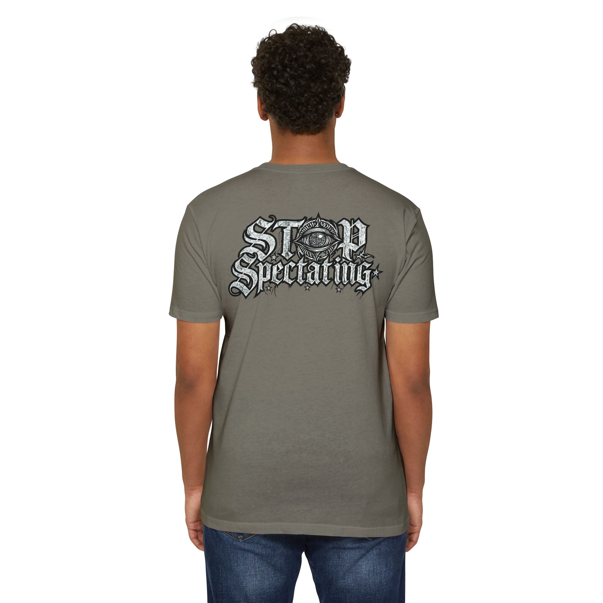 Stop Spectating Left chest/Back Logo Tee - 60/40 Blend/Light Colors