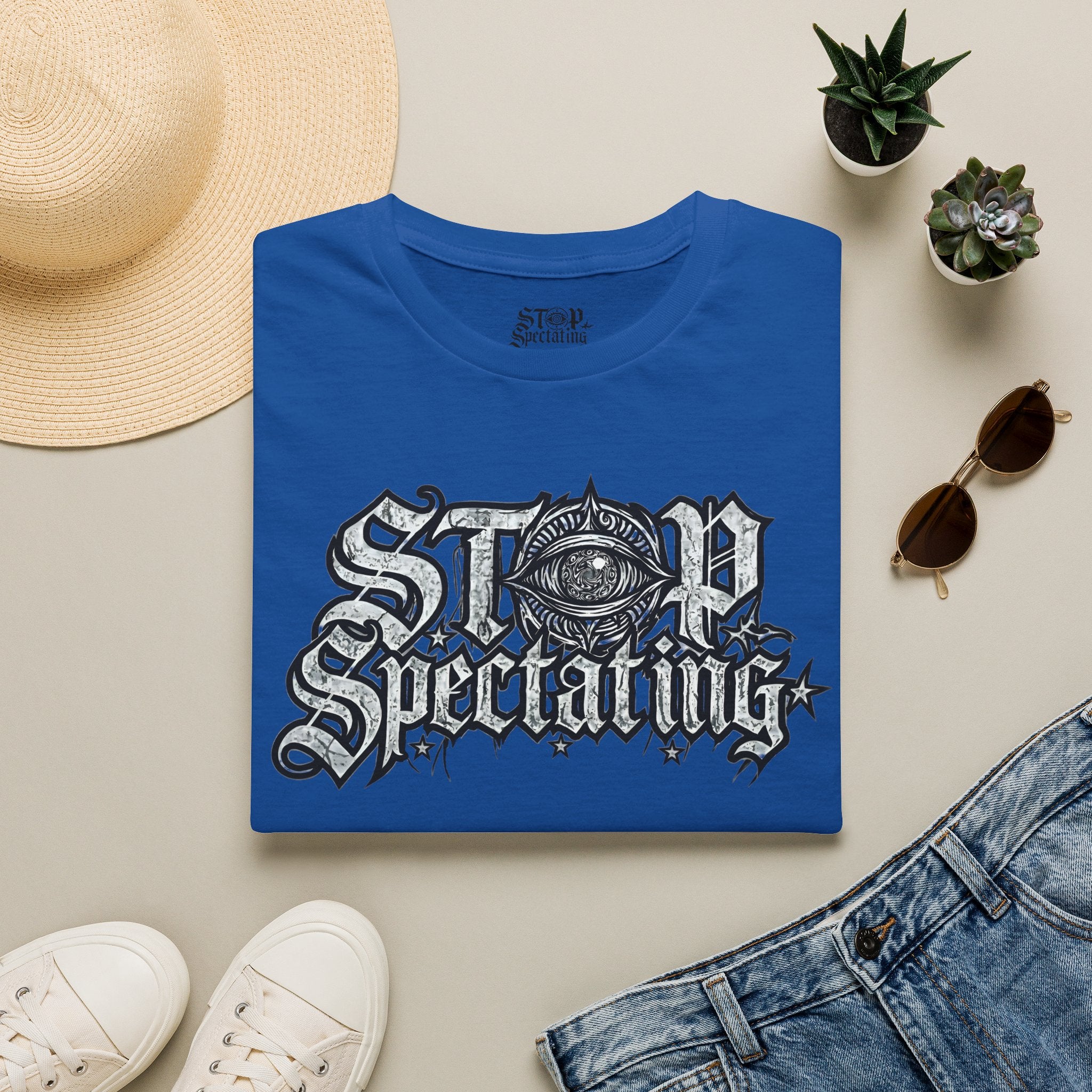 Stop Spectating Large Chest Logo Tee - 100% Cotton/Light Colors
