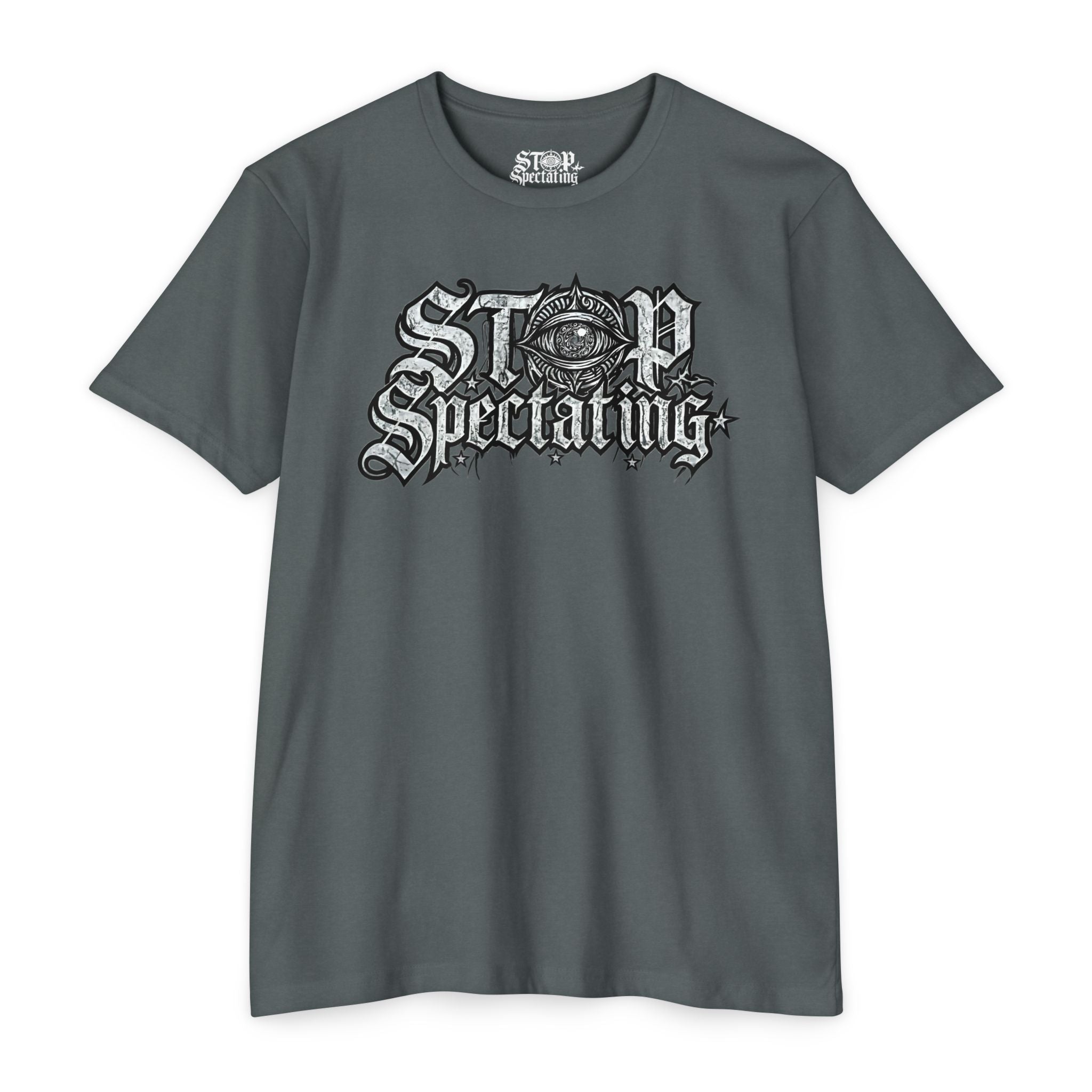Stop Spectating Large Chest Logo Tee  - 60/40 Blend/Dark Colors