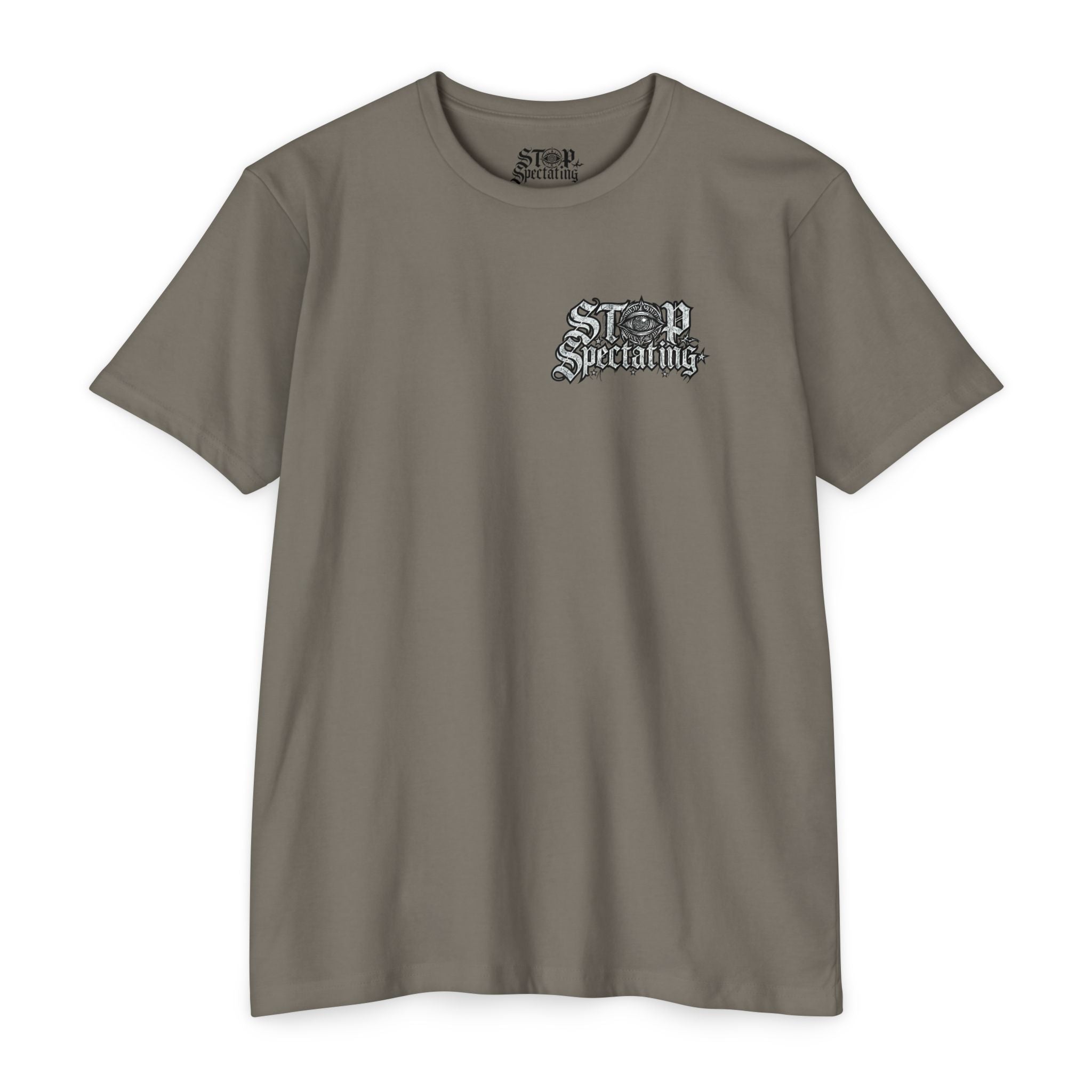 Stop Spectating Left chest/Back Logo Tee - 60/40 Blend/Light Colors