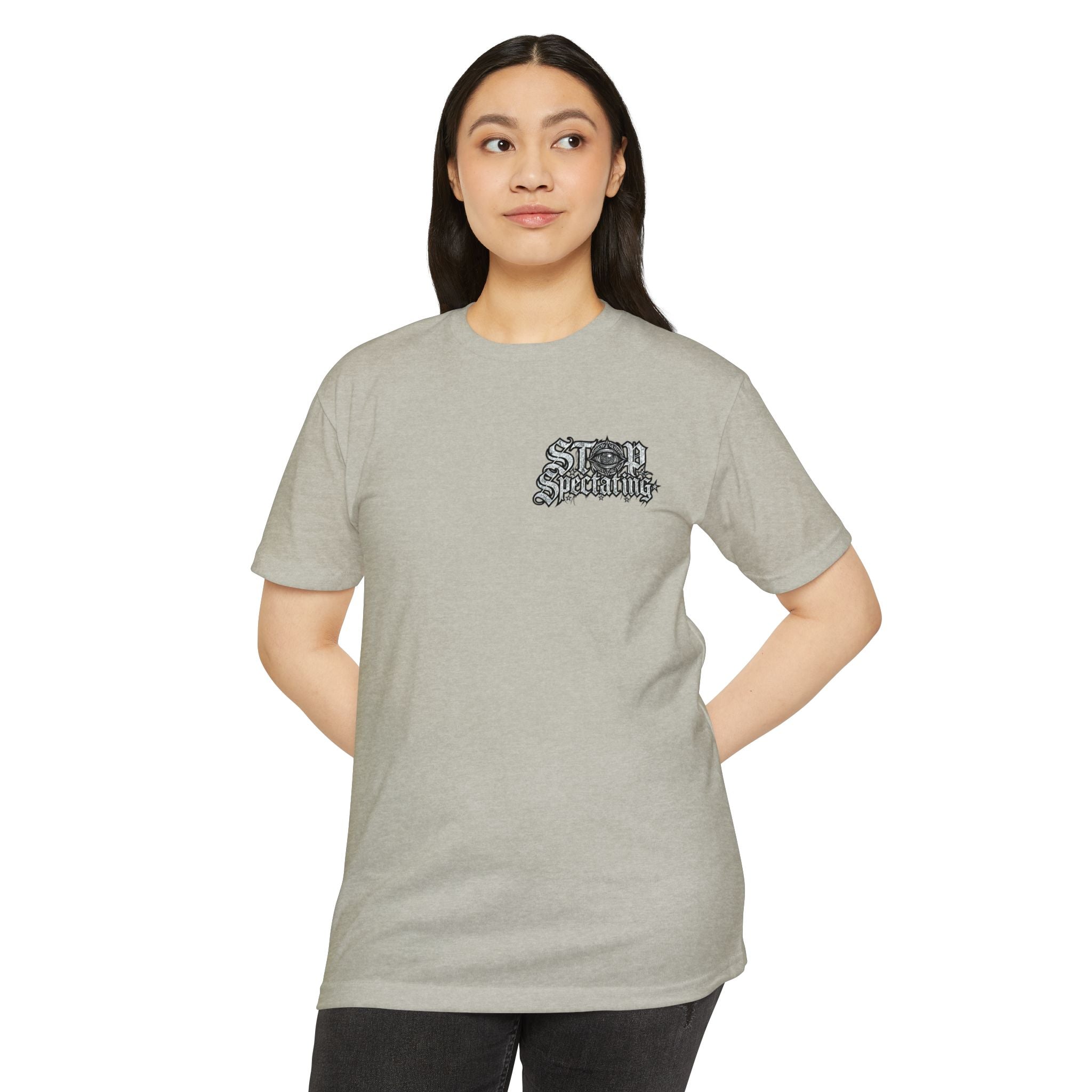 Stop Spectating Left chest/Back Logo Tee - 60/40 Blend/Light Colors