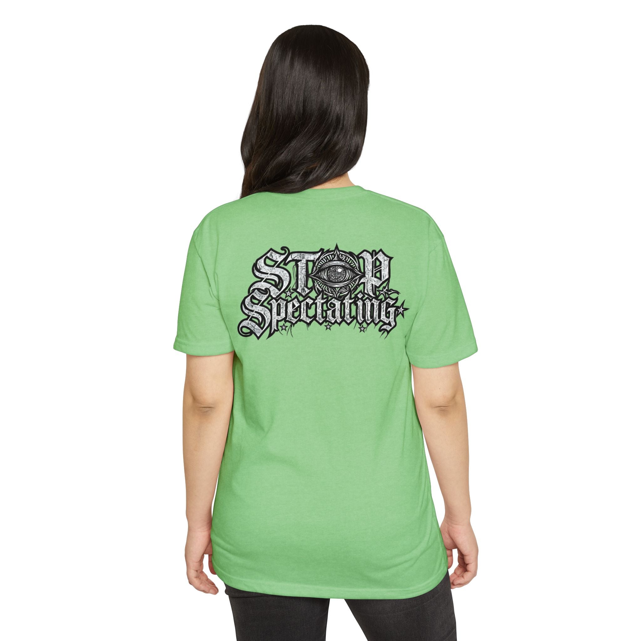 Stop Spectating Left chest/Back Logo Tee - 60/40 Blend/Light Colors