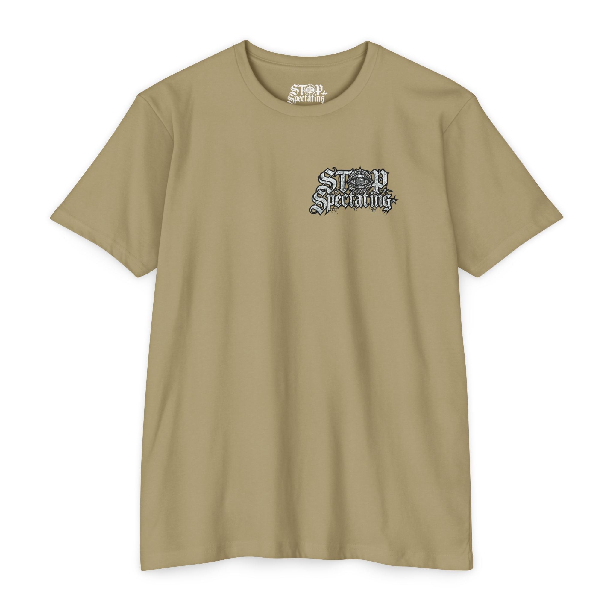 Stop Spectating Left chest/Back Logo Tee - 60/40 Blend/Dark Colors