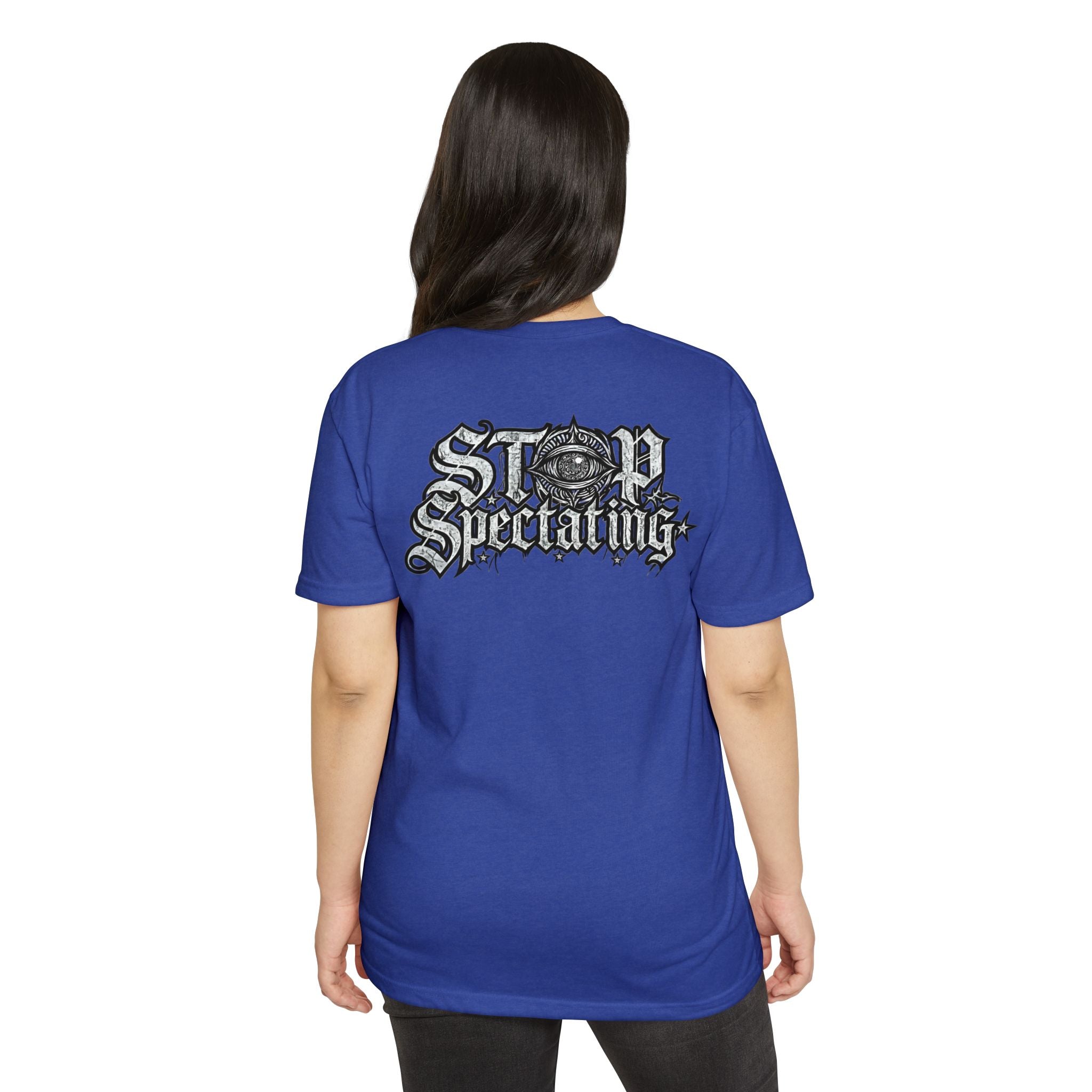 Stop Spectating Left chest/Back Logo Tee - 60/40 Blend/Light Colors