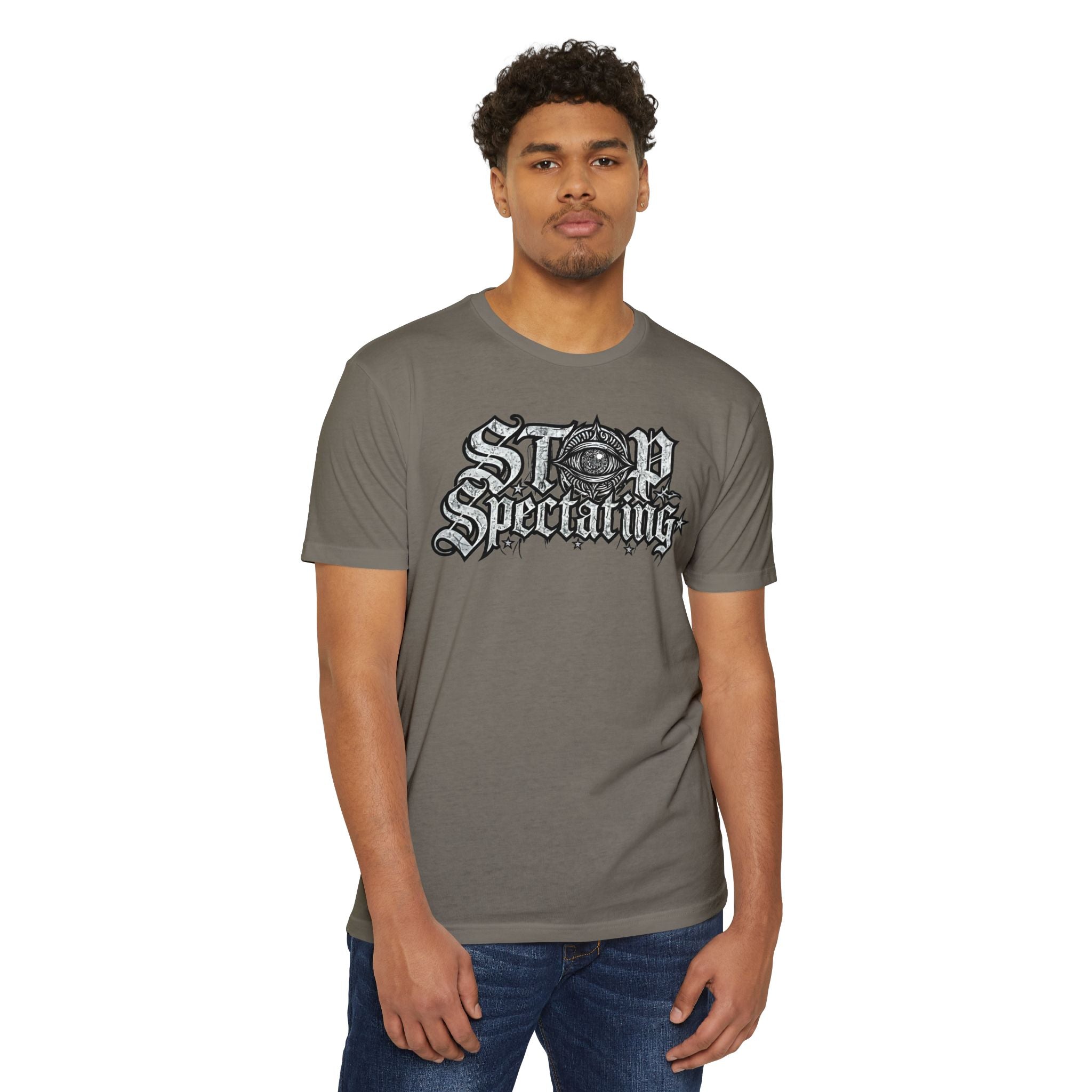 Stop Spectating Large Chest Logo Tee - 60/40 Blend/Light Colors