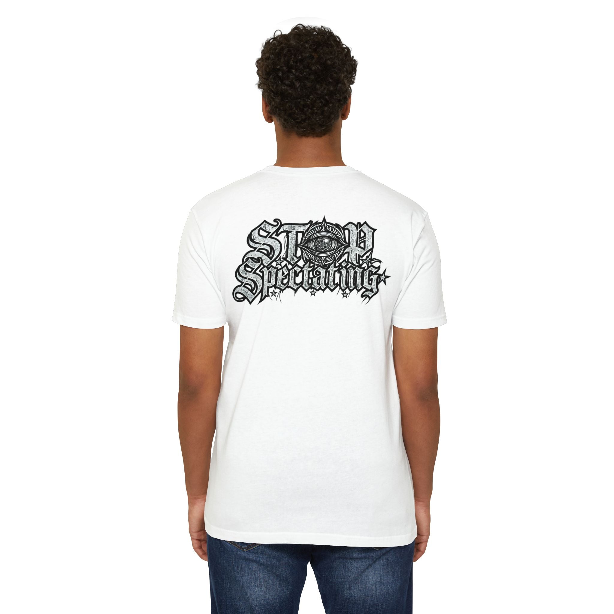 Stop Spectating Left chest/Back Logo Tee - 60/40 Blend/Light Colors