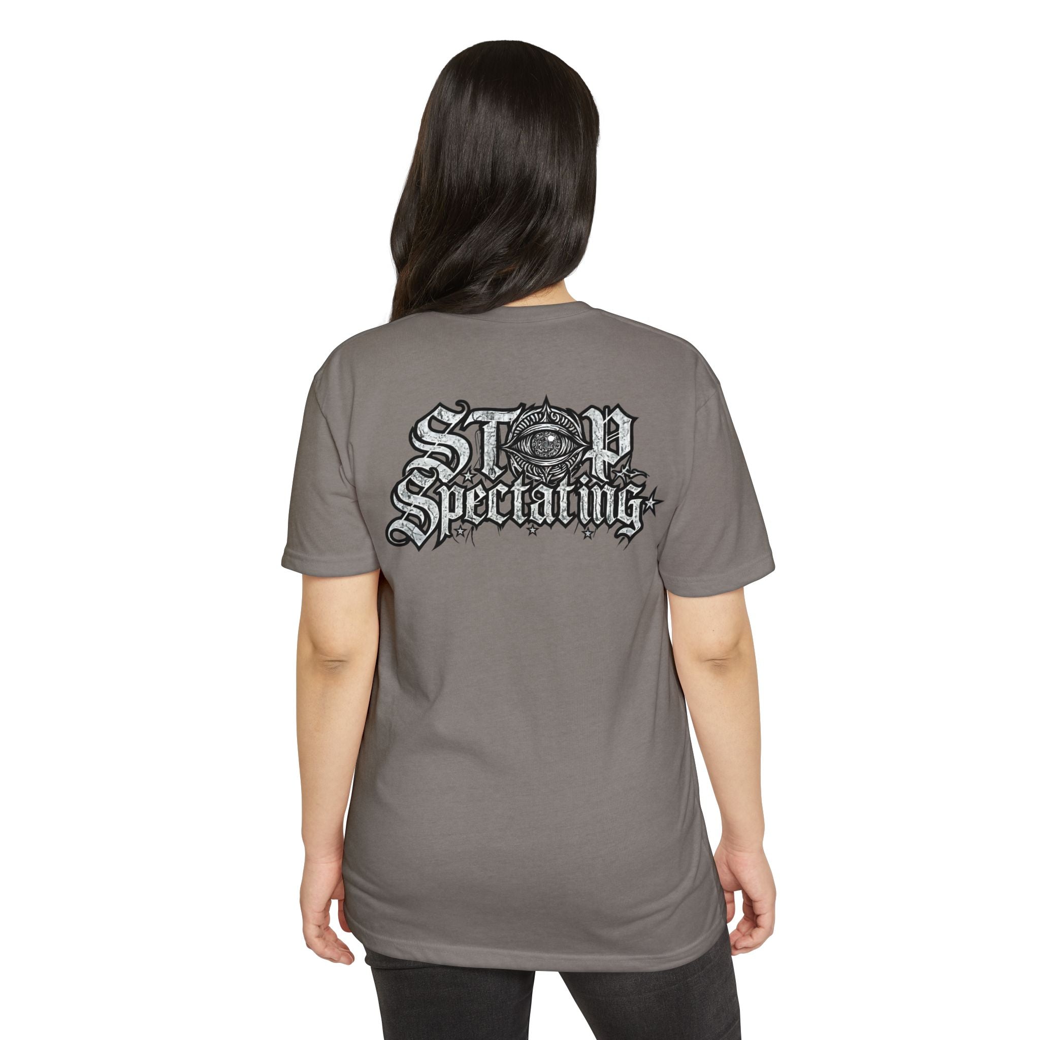 Stop Spectating Left chest/Back Logo Tee - 60/40 Blend/Light Colors