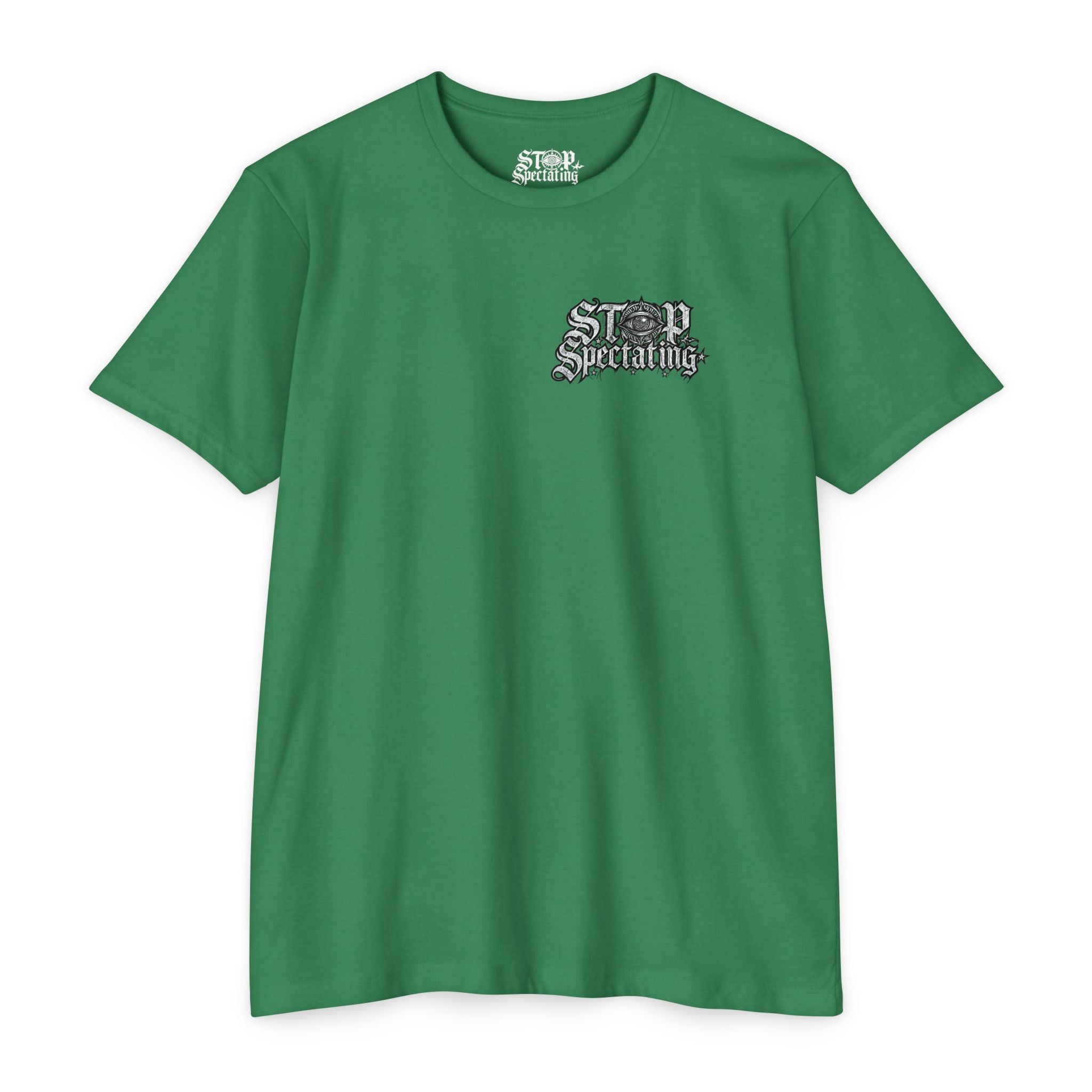 Stop Spectating Left chest/Back Logo Tee - 60/40 Blend/Dark Colors