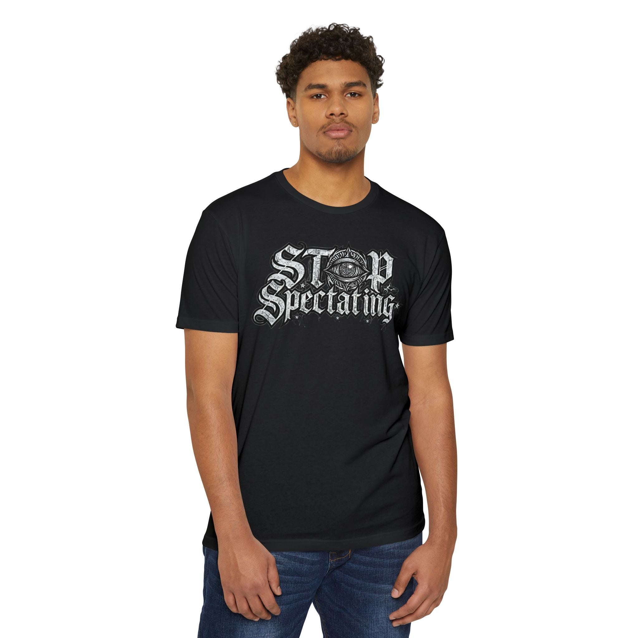 Stop Spectating Large Chest Logo Tee  - 60/40 Blend/Dark Colors