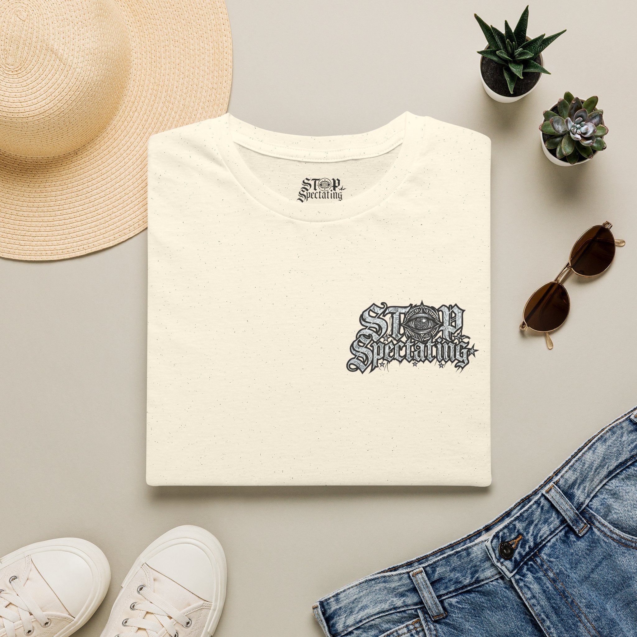 Stop Spectating Left Chest/Back Logo Tee - 100% Cotton/Light Colors