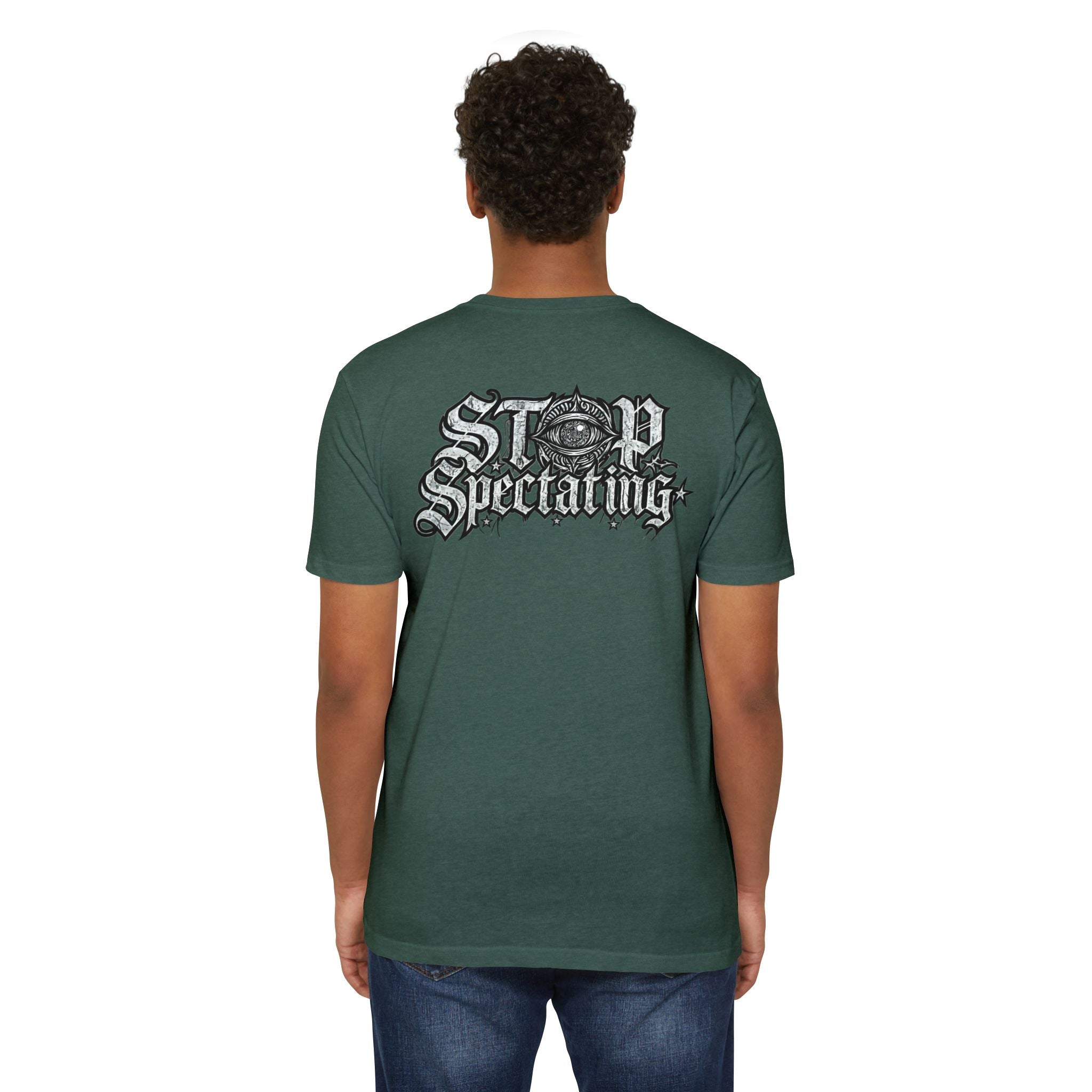 Stop Spectating Left chest/Back Logo Tee - 60/40 Blend/Dark Colors