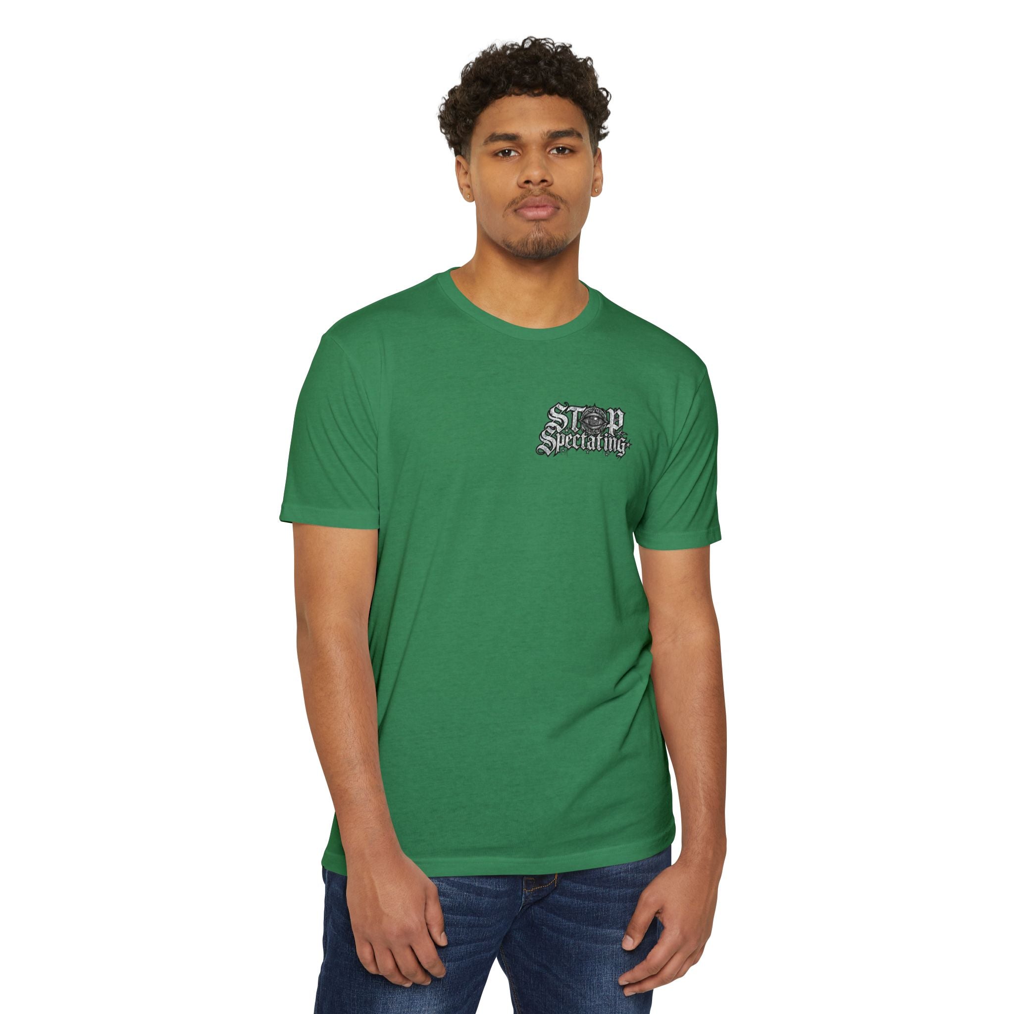 Stop Spectating Left chest/Back Logo Tee - 60/40 Blend/Dark Colors