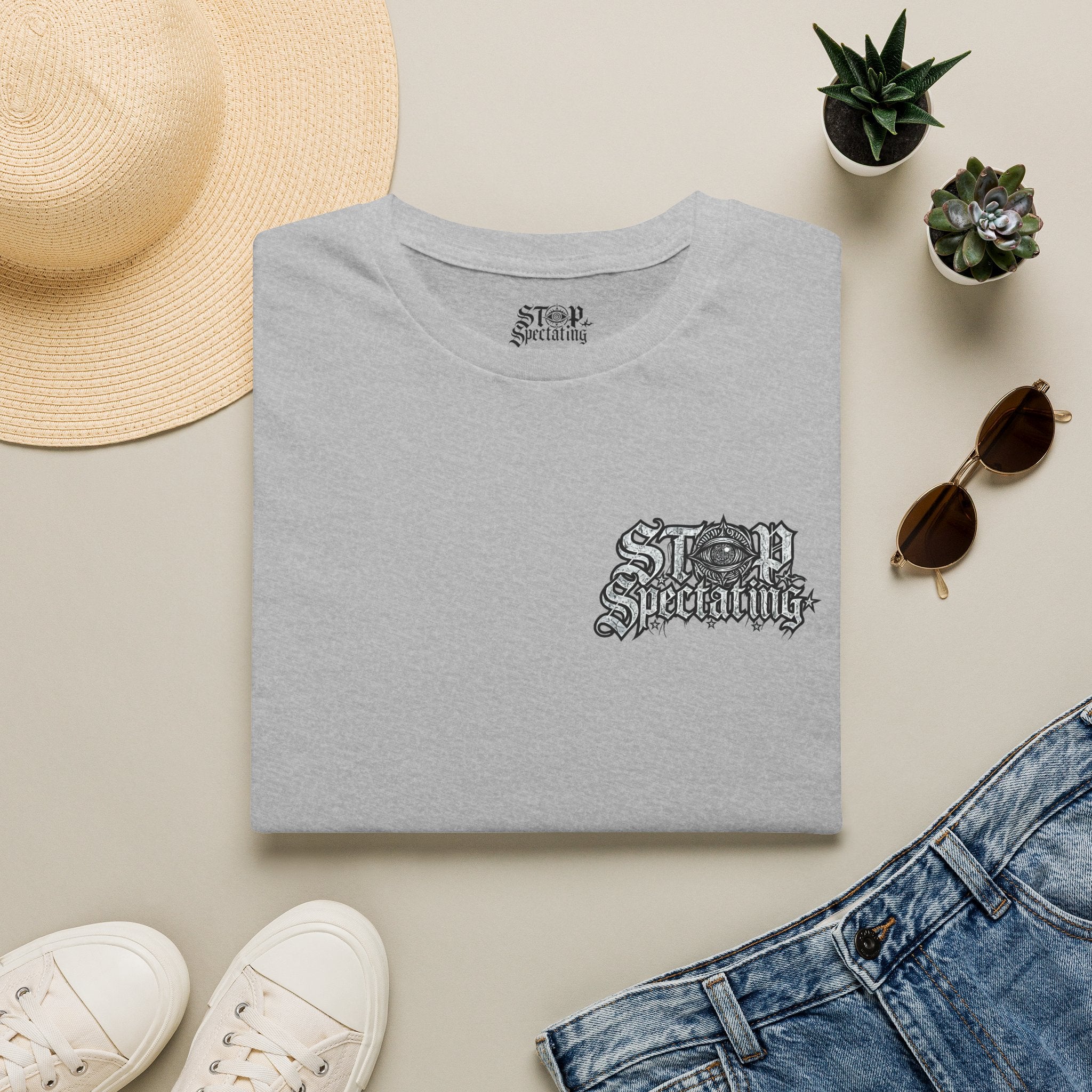 Stop Spectating Left Chest/Back Logo Tee - 100% Cotton/Light Colors