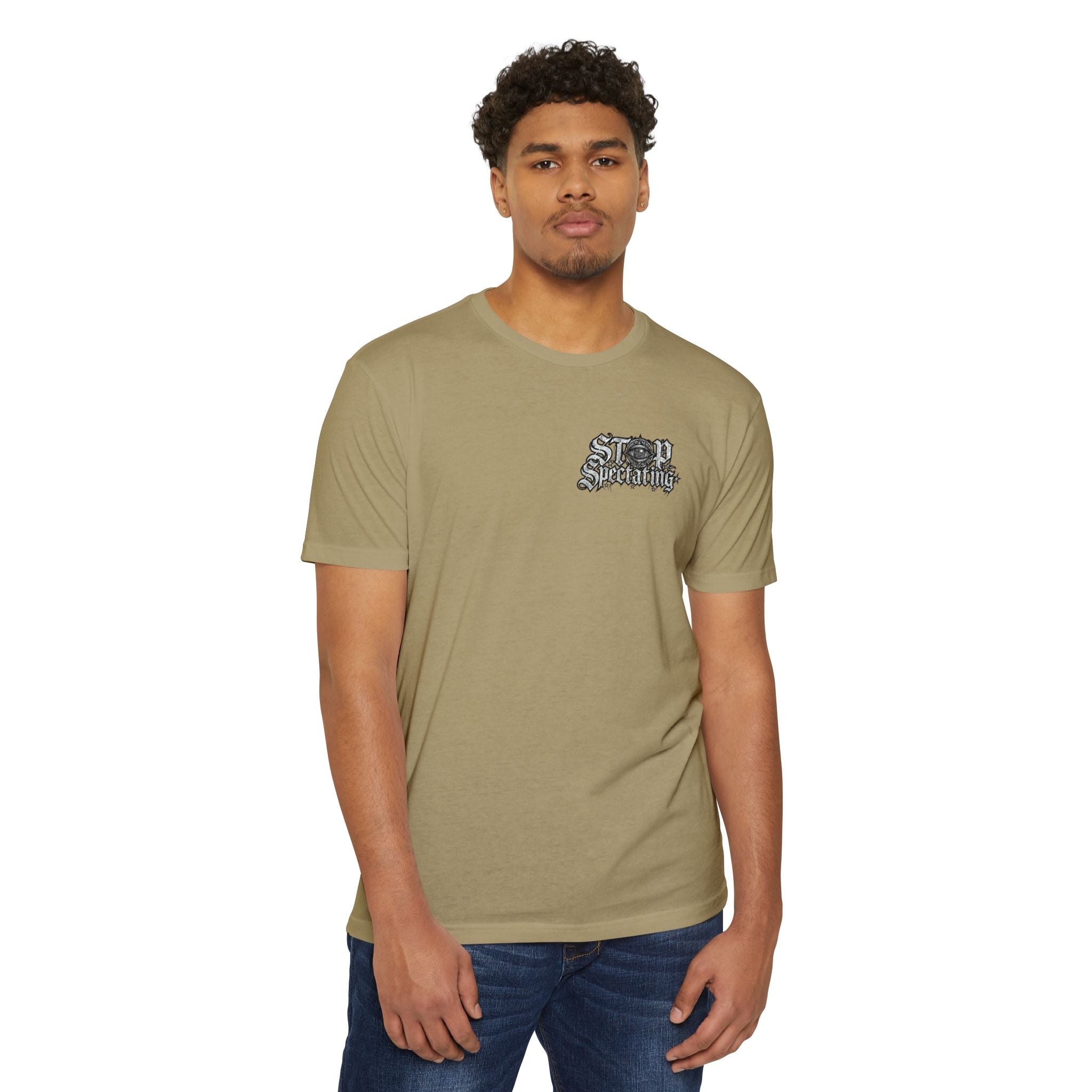 Stop Spectating Left chest/Back Logo Tee - 60/40 Blend/Dark Colors