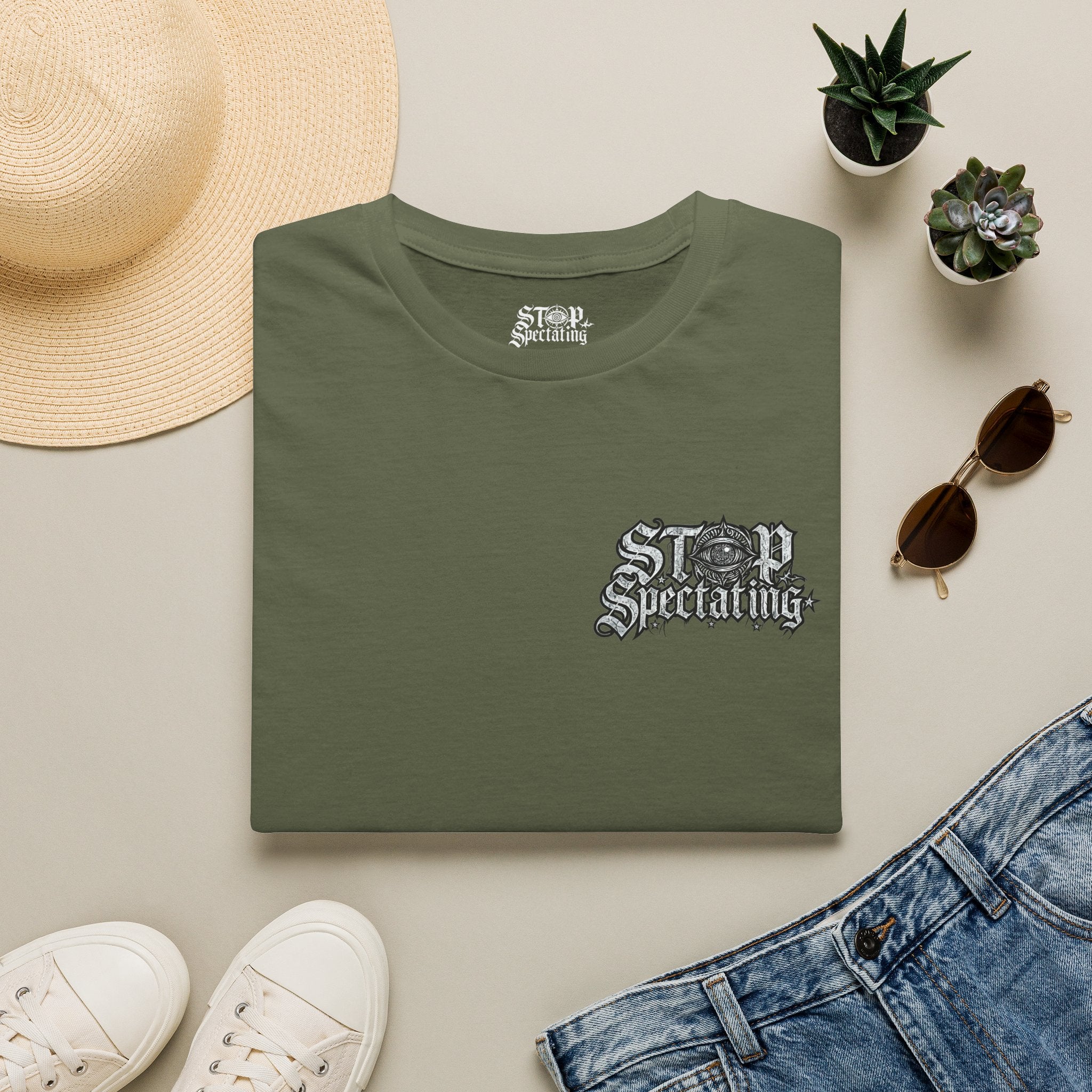 Stop Spectating Left chest/Back Logo Tee - 100% Cotton/Dark Colors