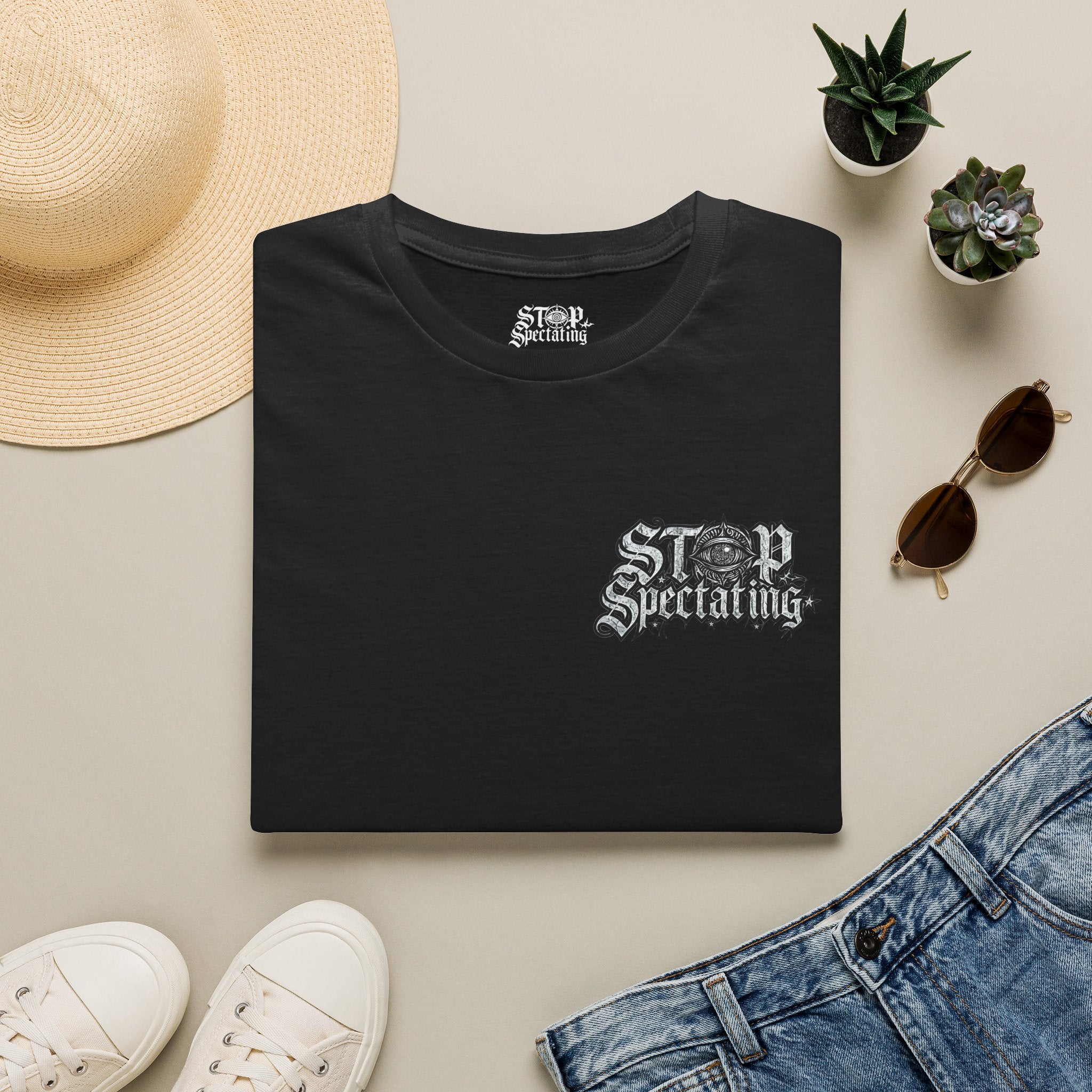 Stop Spectating Left chest/Back Logo Tee - 100% Cotton/Dark Colors