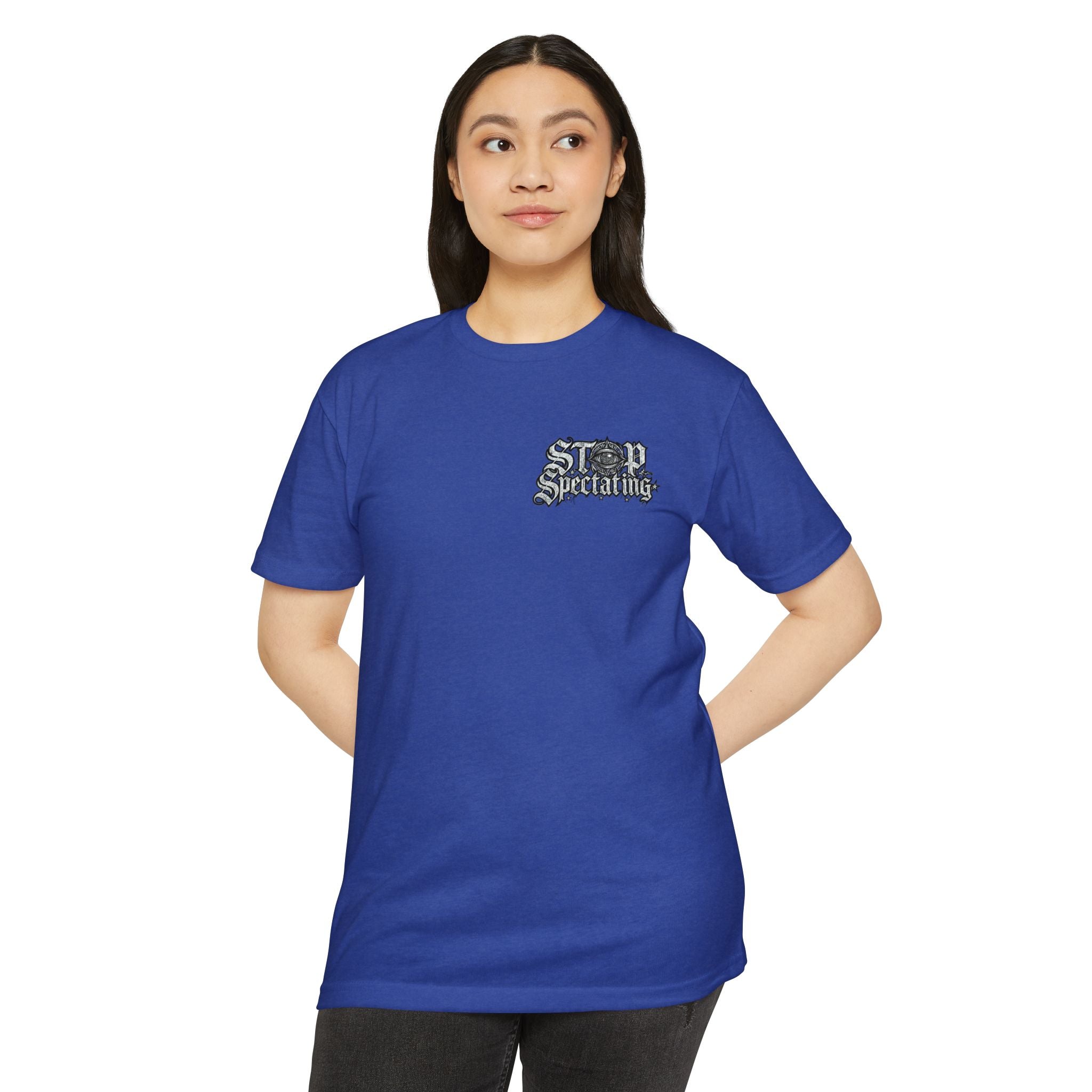 Stop Spectating Left chest/Back Logo Tee - 60/40 Blend/Light Colors