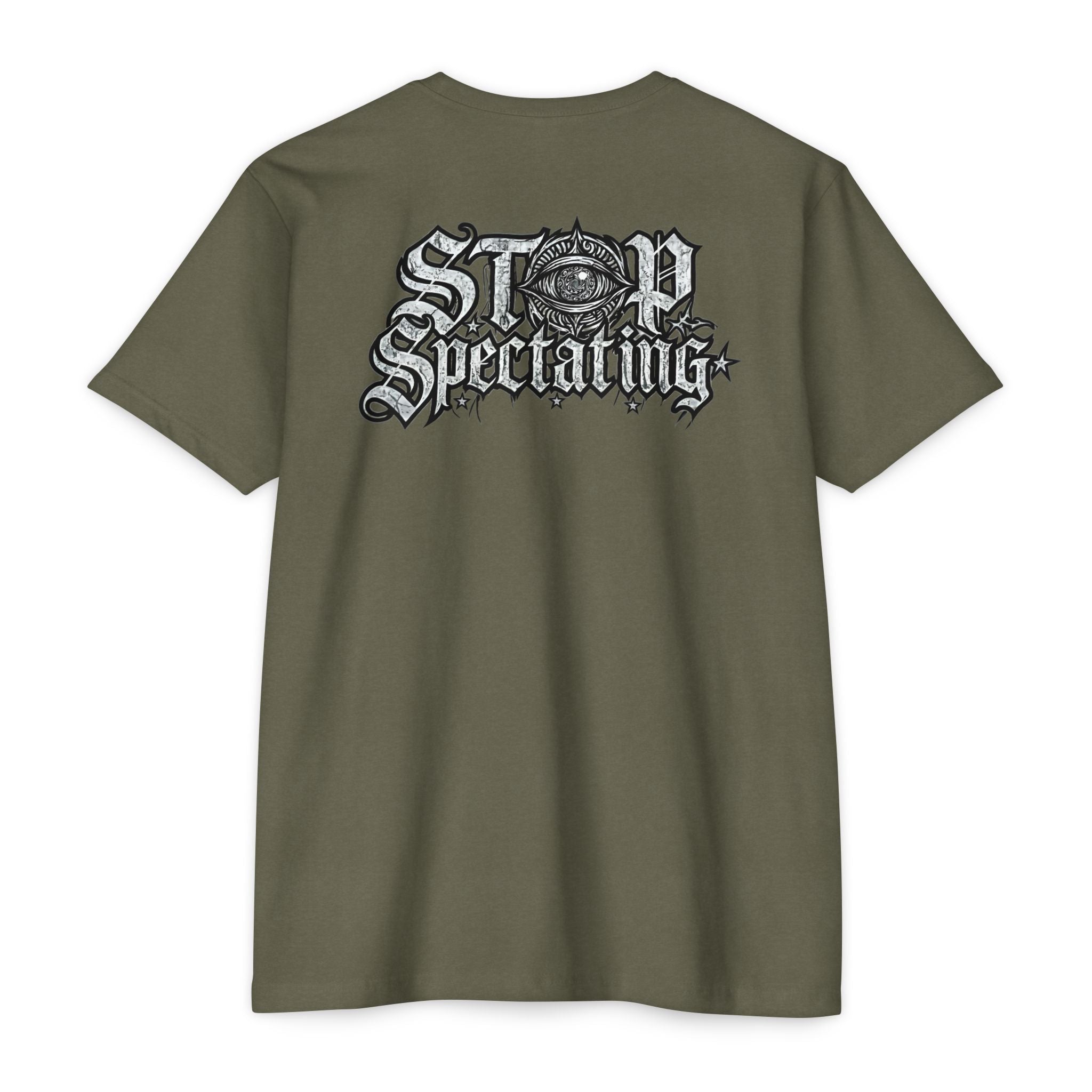 Stop Spectating Left chest/Back Logo Tee - 60/40 Blend/Dark Colors