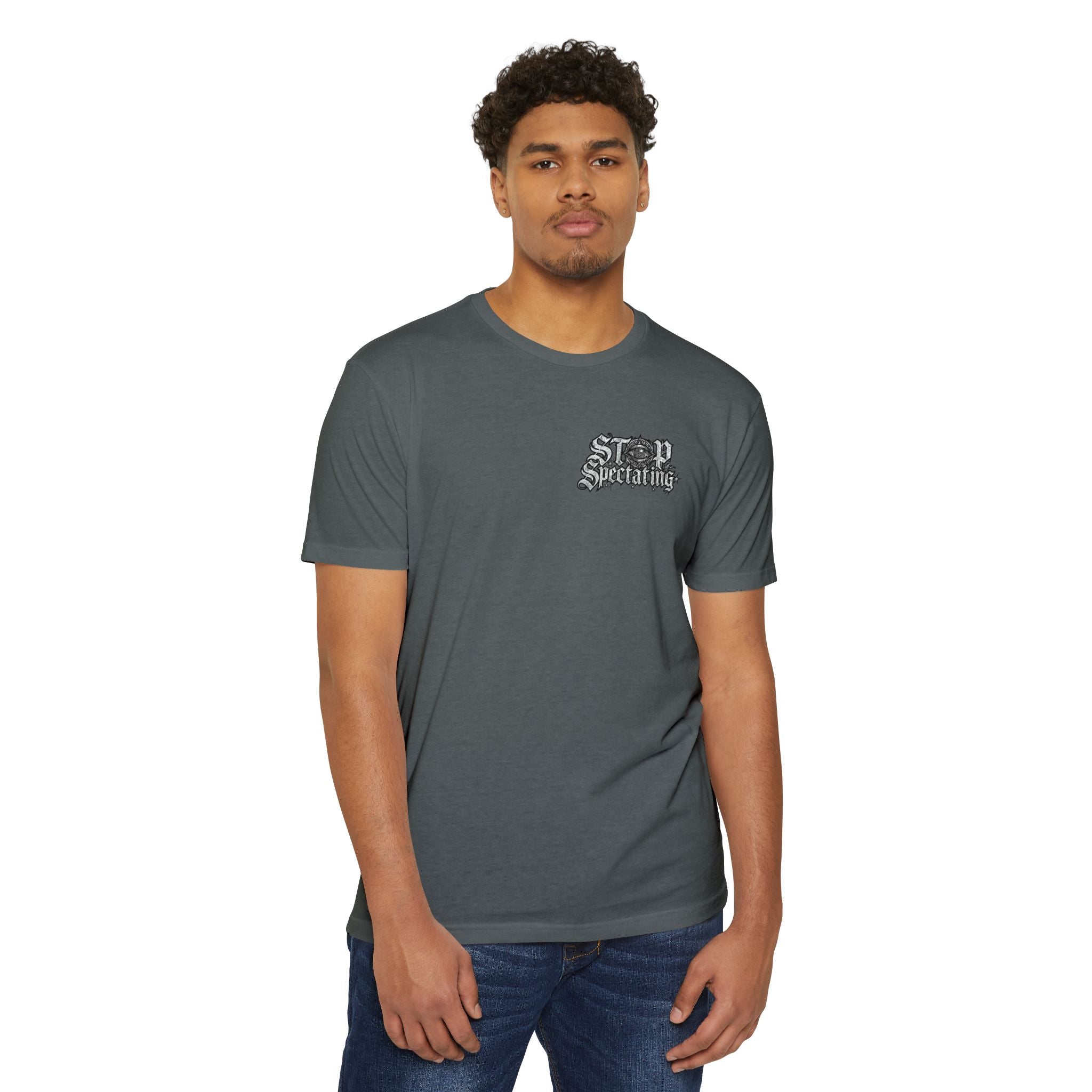 Stop Spectating Left chest/Back Logo Tee - 60/40 Blend/Dark Colors