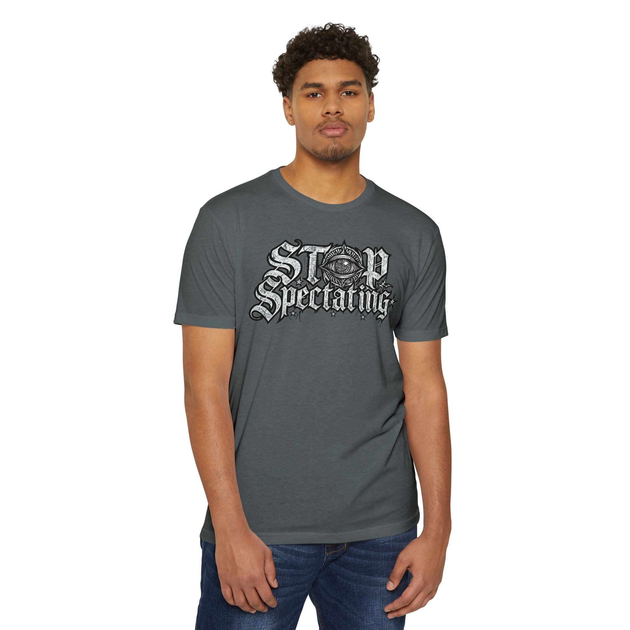 Stop Spectating Large Chest Logo Tee  - 60/40 Blend/Dark Colors