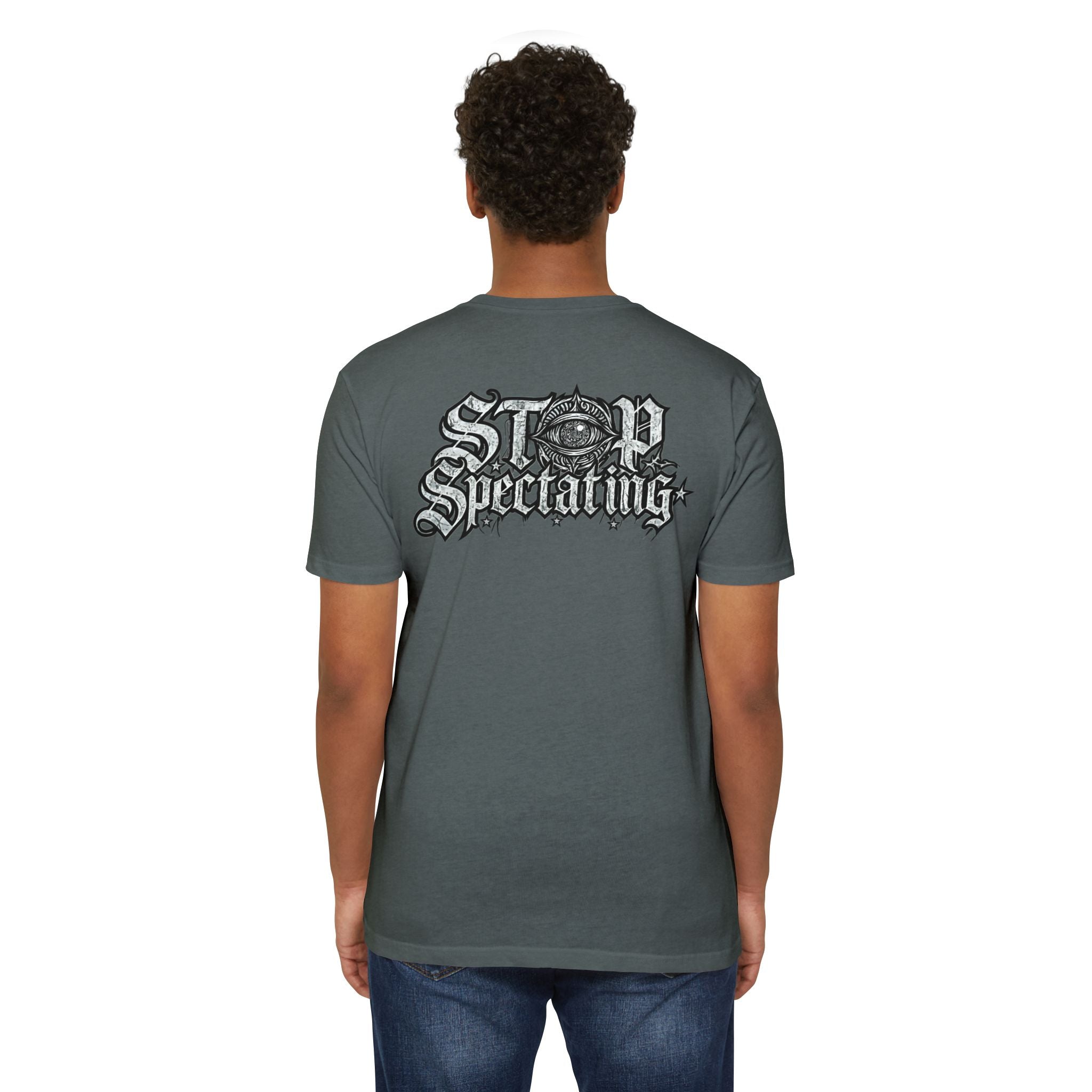 Stop Spectating Left chest/Back Logo Tee - 60/40 Blend/Dark Colors